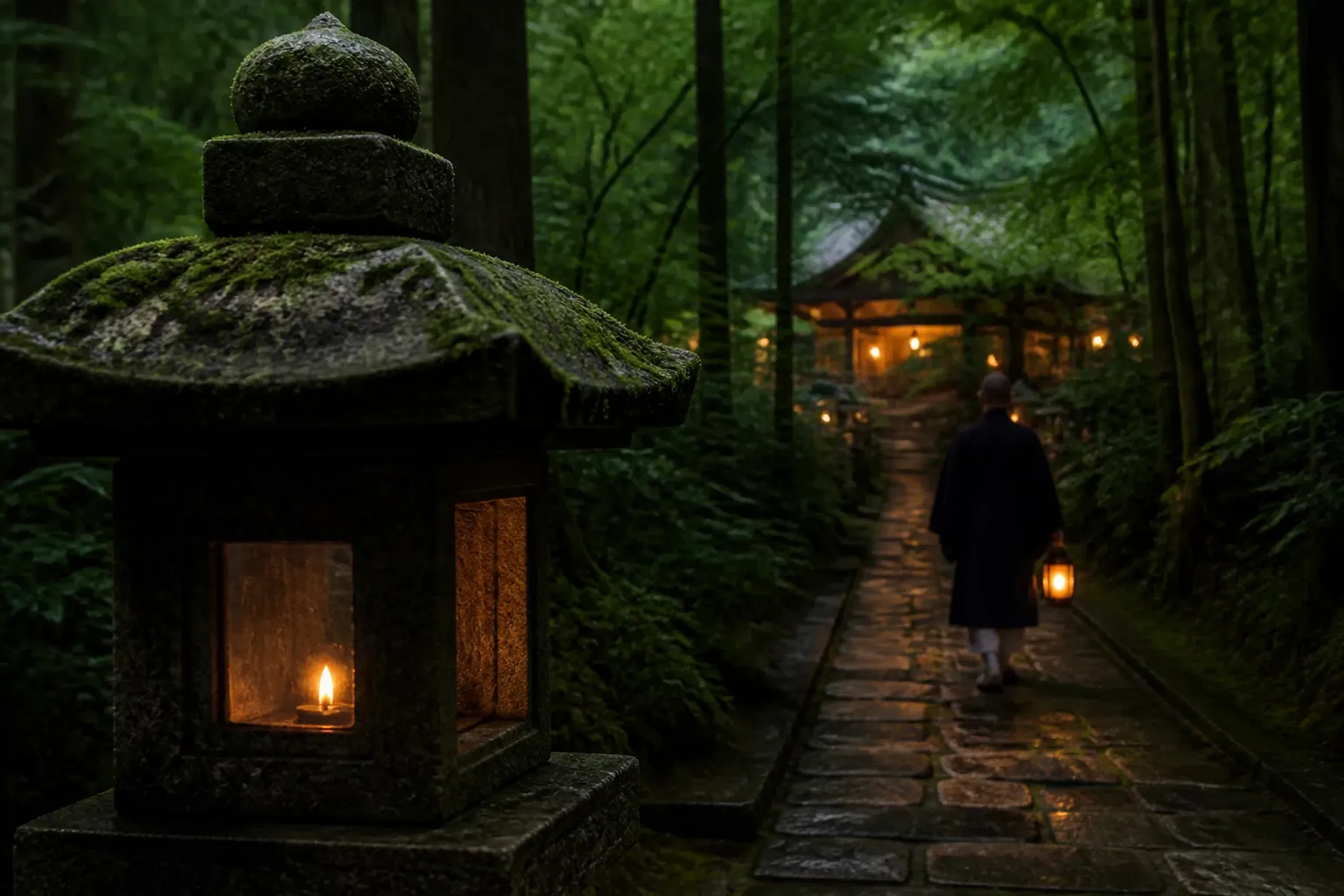 Person holding a paper lantern walking a dusk forest path toward a temple hall in Koyasan