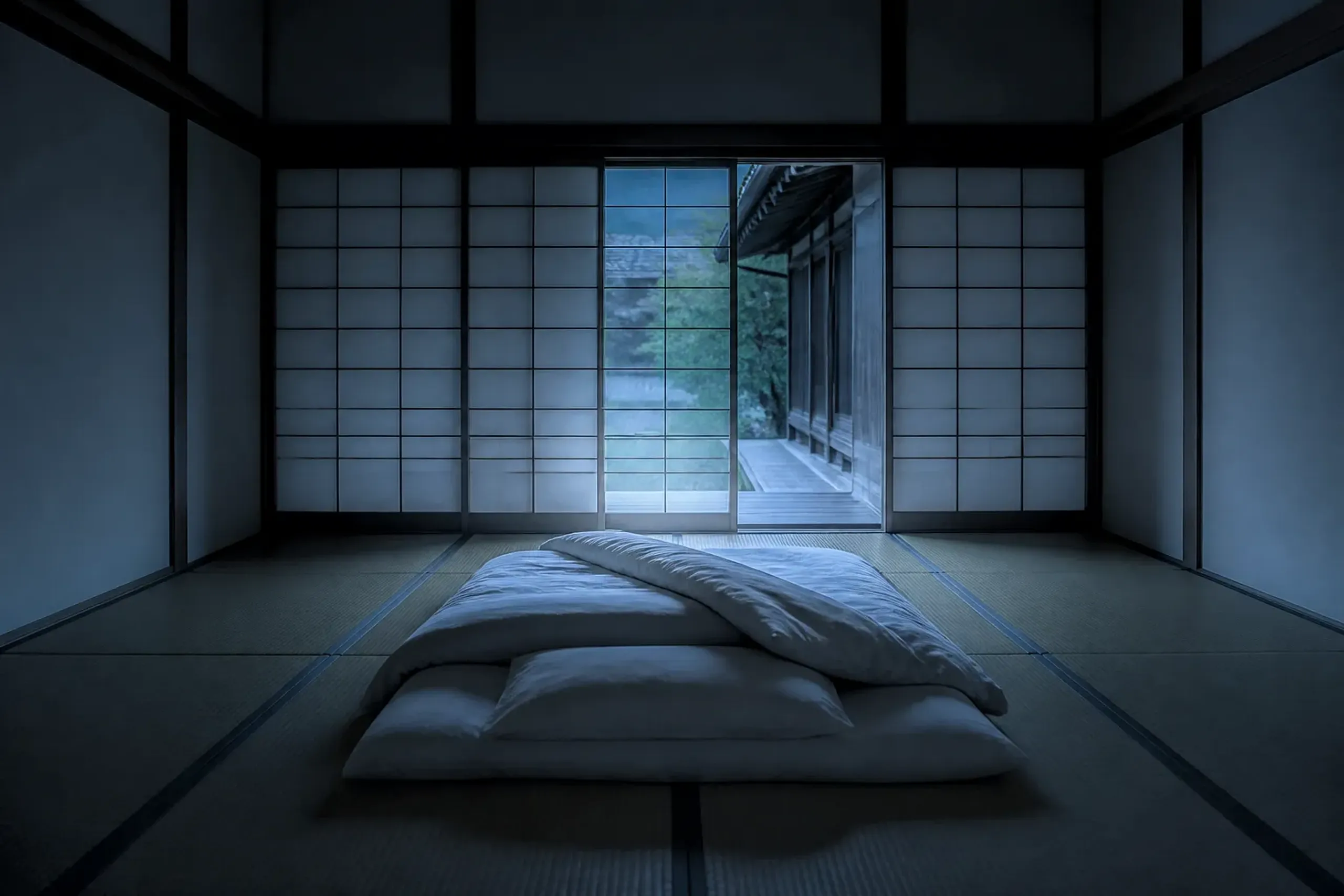 A single futon laid over tatami mats in a bare, unadorned shukubo room, with an empty cold timber corridor and thin paper-screen walls in the pre-dawn dark