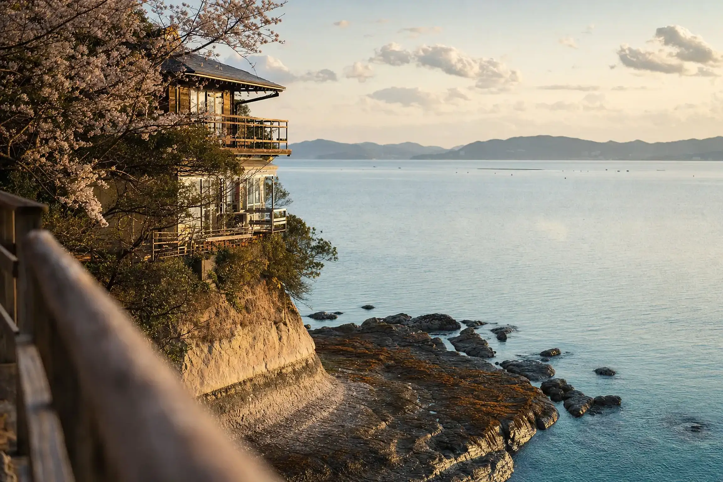 The clifftop lodging above Kinoura Marine Park, its clear blue water beside coastal rock uplifted roughly two meters by the earthquake