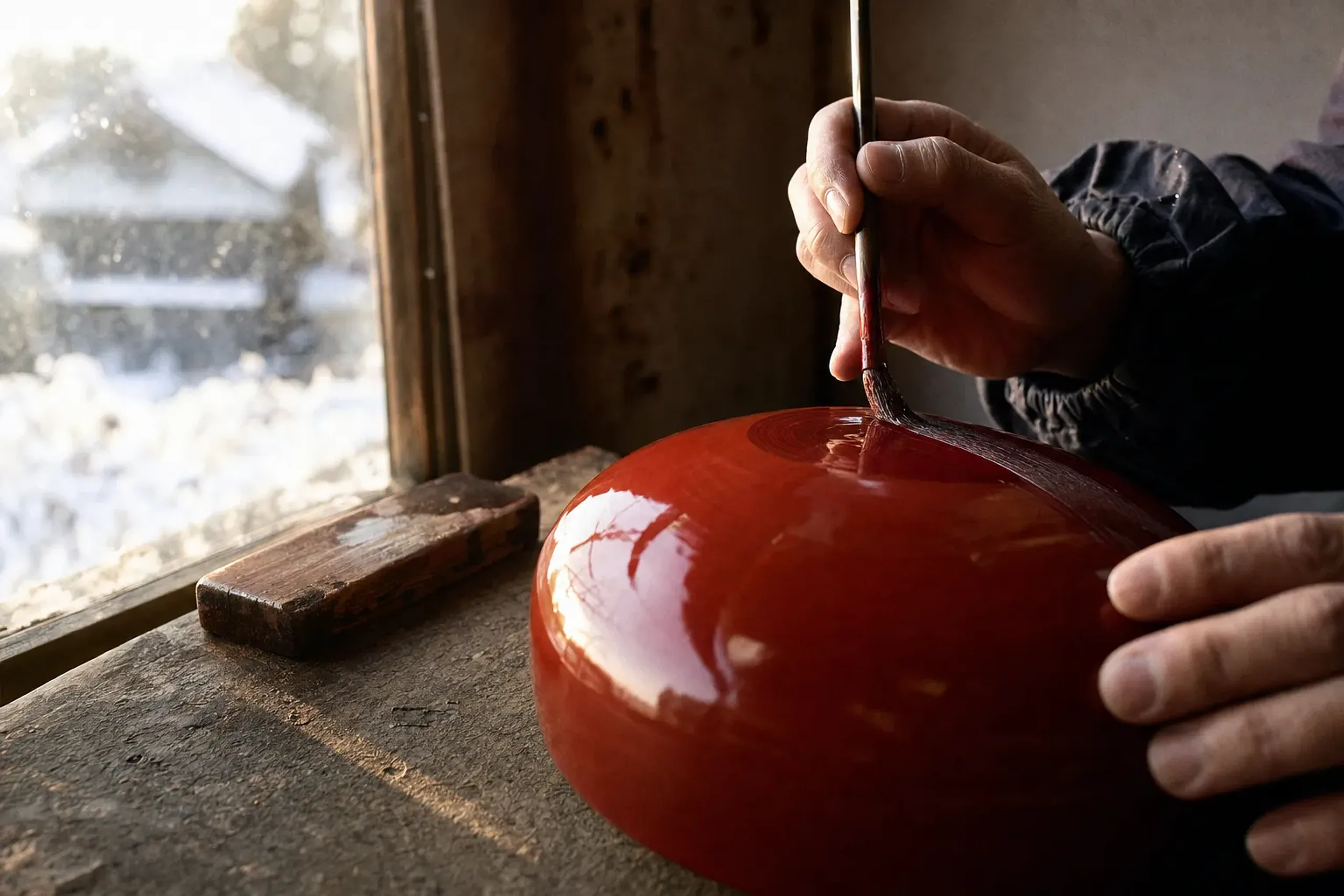 a lacquer artisan's brush applying urushi to a piece of glossy vermilion Wajima lacquerware at a workbench