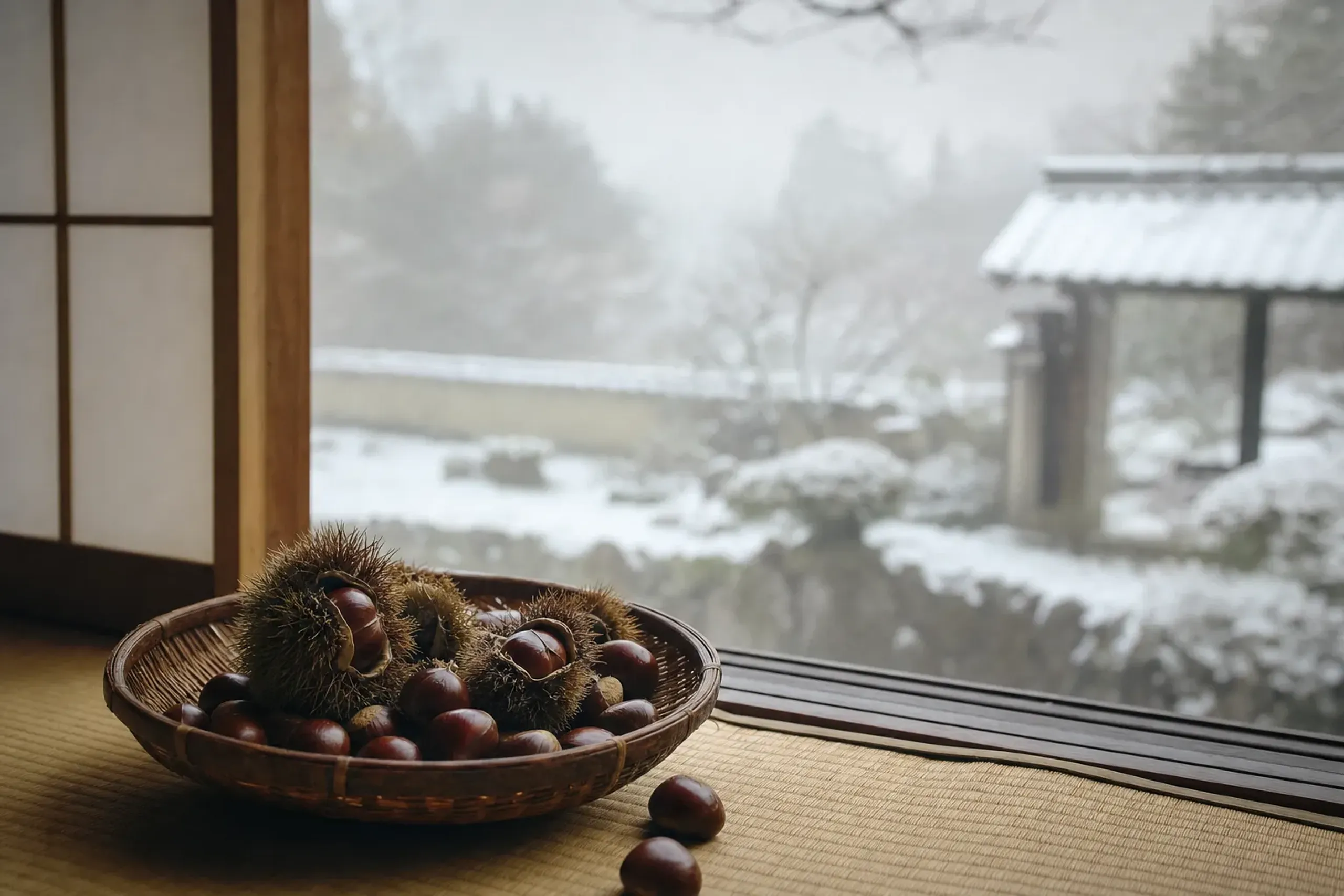 A wooden basket overflowing with fresh Japanese chestnuts during the autumn harvest