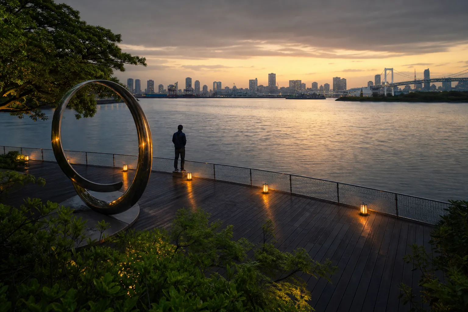 A circular sculpture and waterfront walkway in Odaiba at golden hour, with Tokyo Bay and the city skyline behind