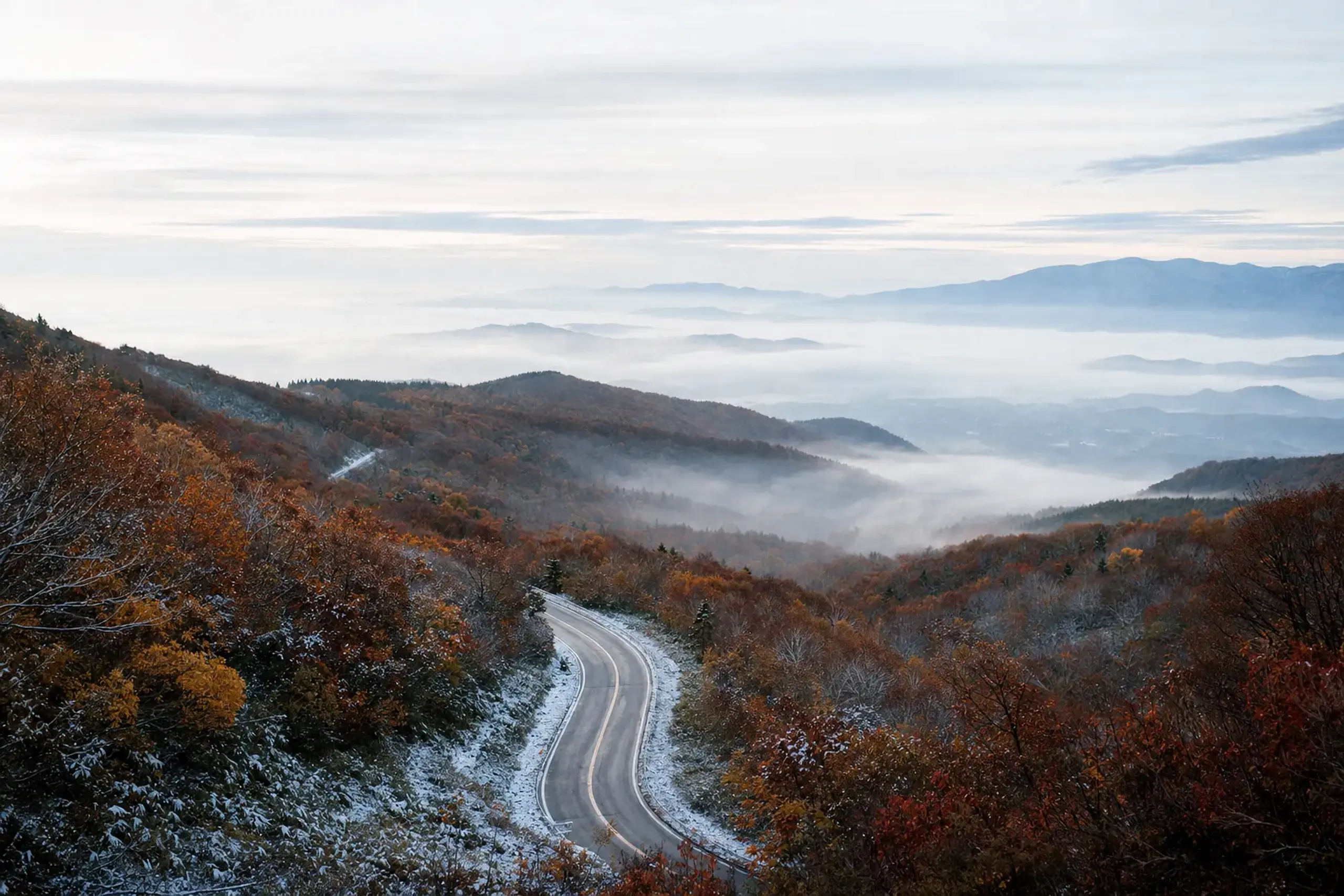 the lower Zaō Echo Line at dawn, its bends edged with peak autumn foliage in reds and golds