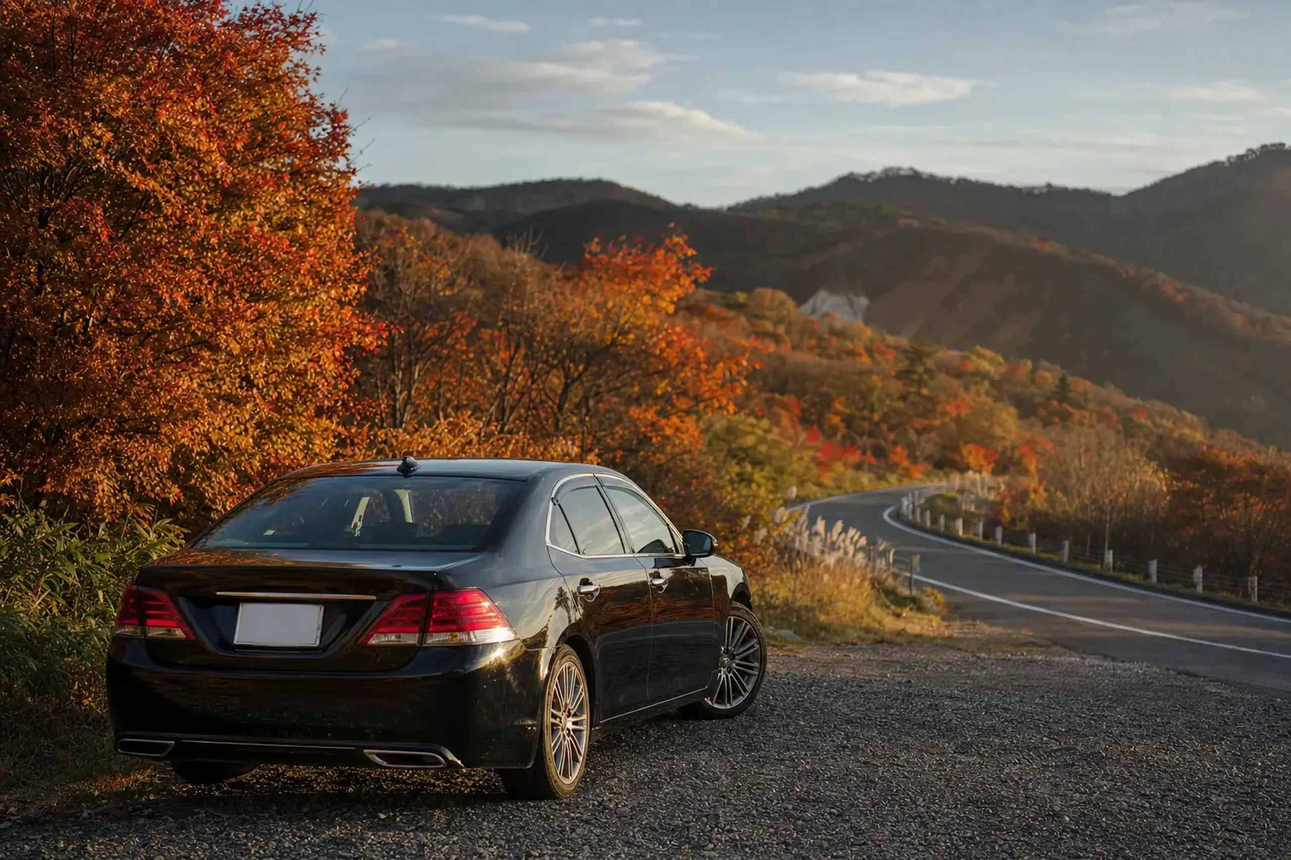 a sleek black private touring sedan parked at a mountain overlook on the Zaō Echo Line amid autumn colour