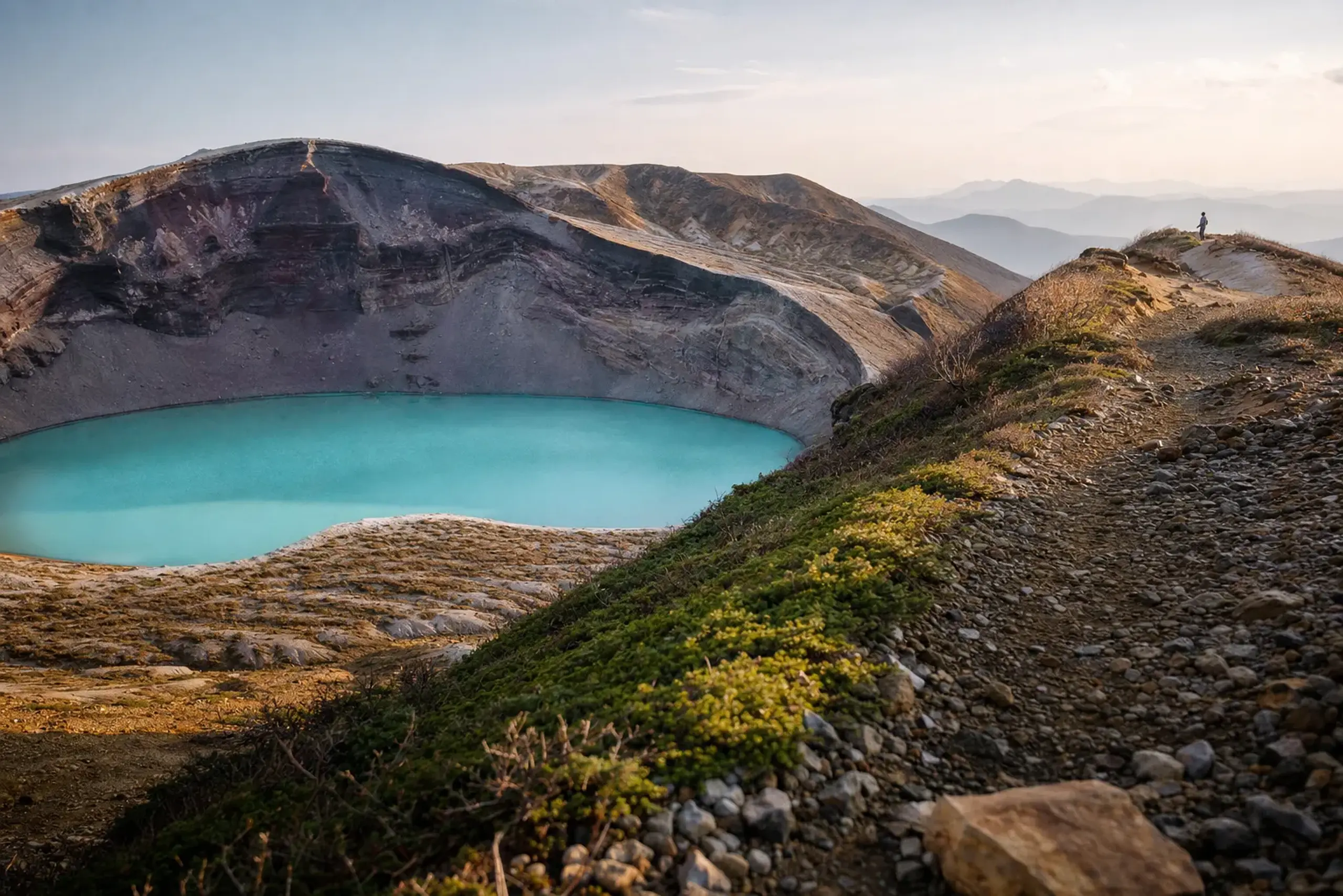 the summit trail toward Komakusa-daira ridge above the acidic crater waters of Okama in the Zaō Mountains