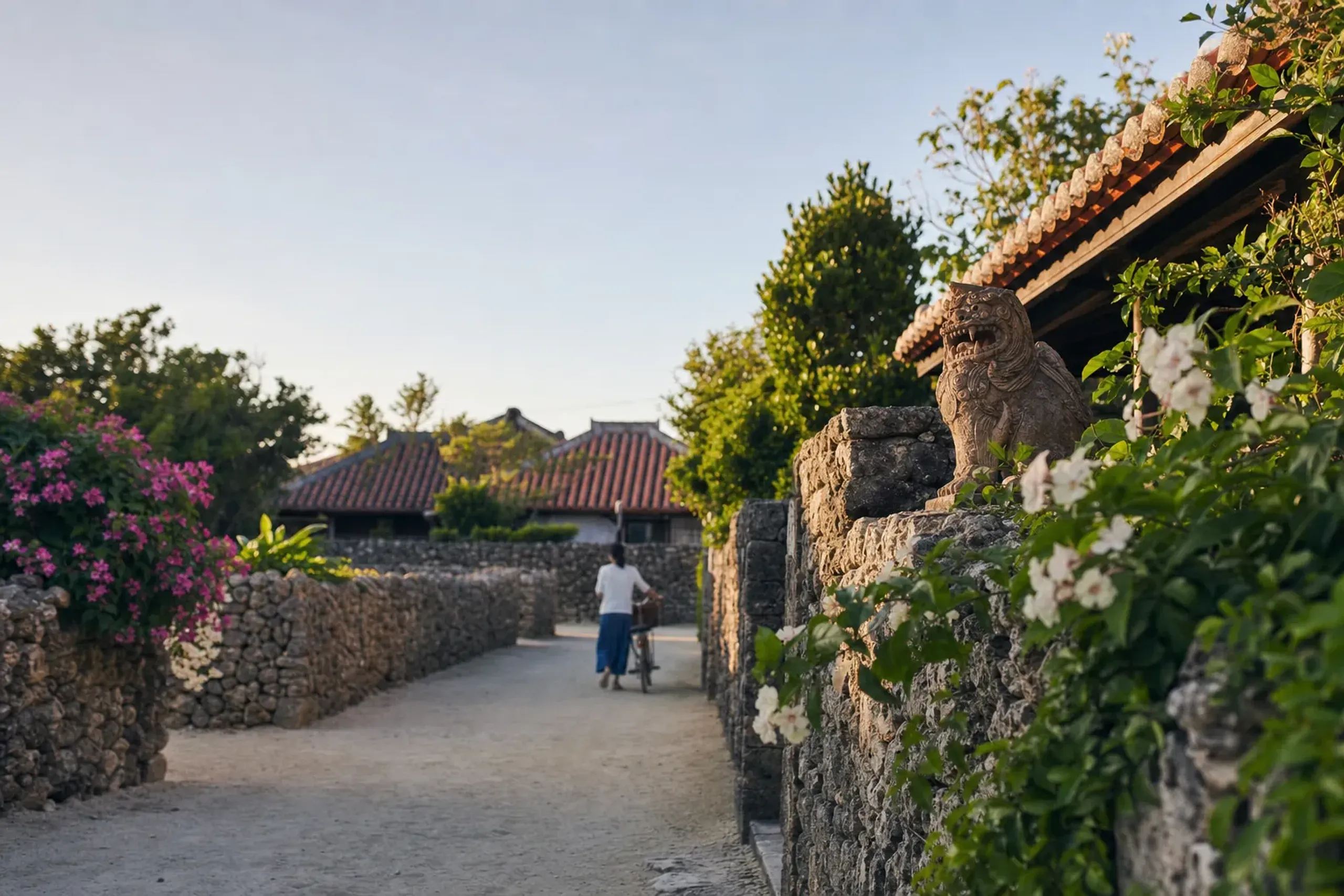 Traditional coral stone wall lane with red-tiled roofs on Taketomi Island