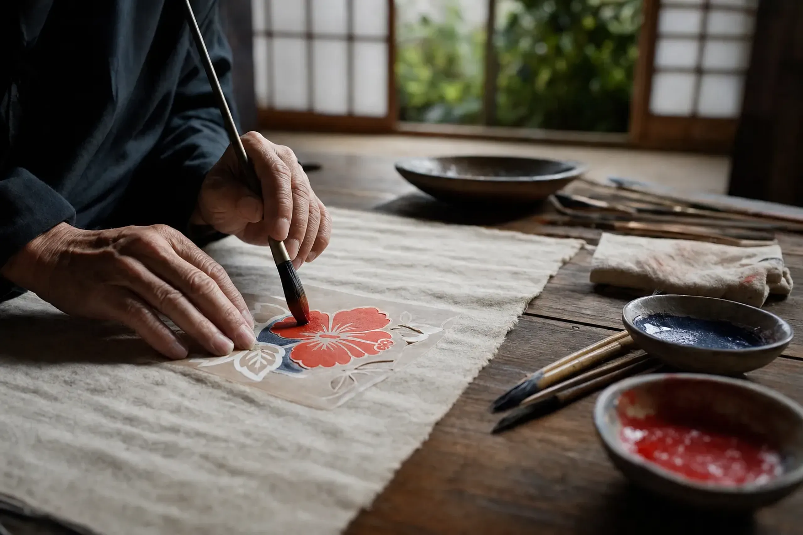 Hands creating bingata stencil dyeing on fabric in Okinawa