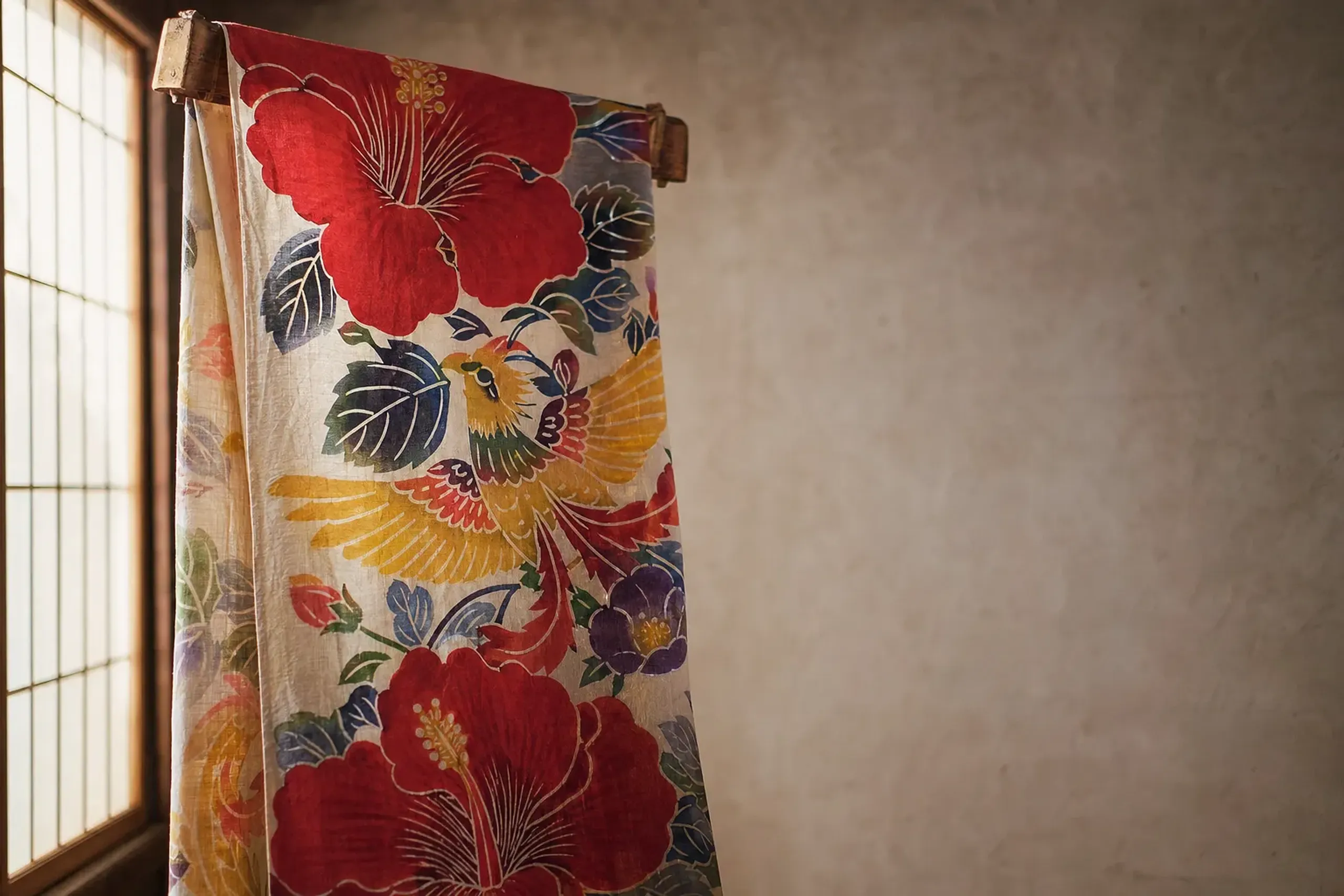 a hand-dyed Ryukyu bingata textile with vivid stencil-patterned motifs of flowers and birds in saturated reds and yellows on Okinawa