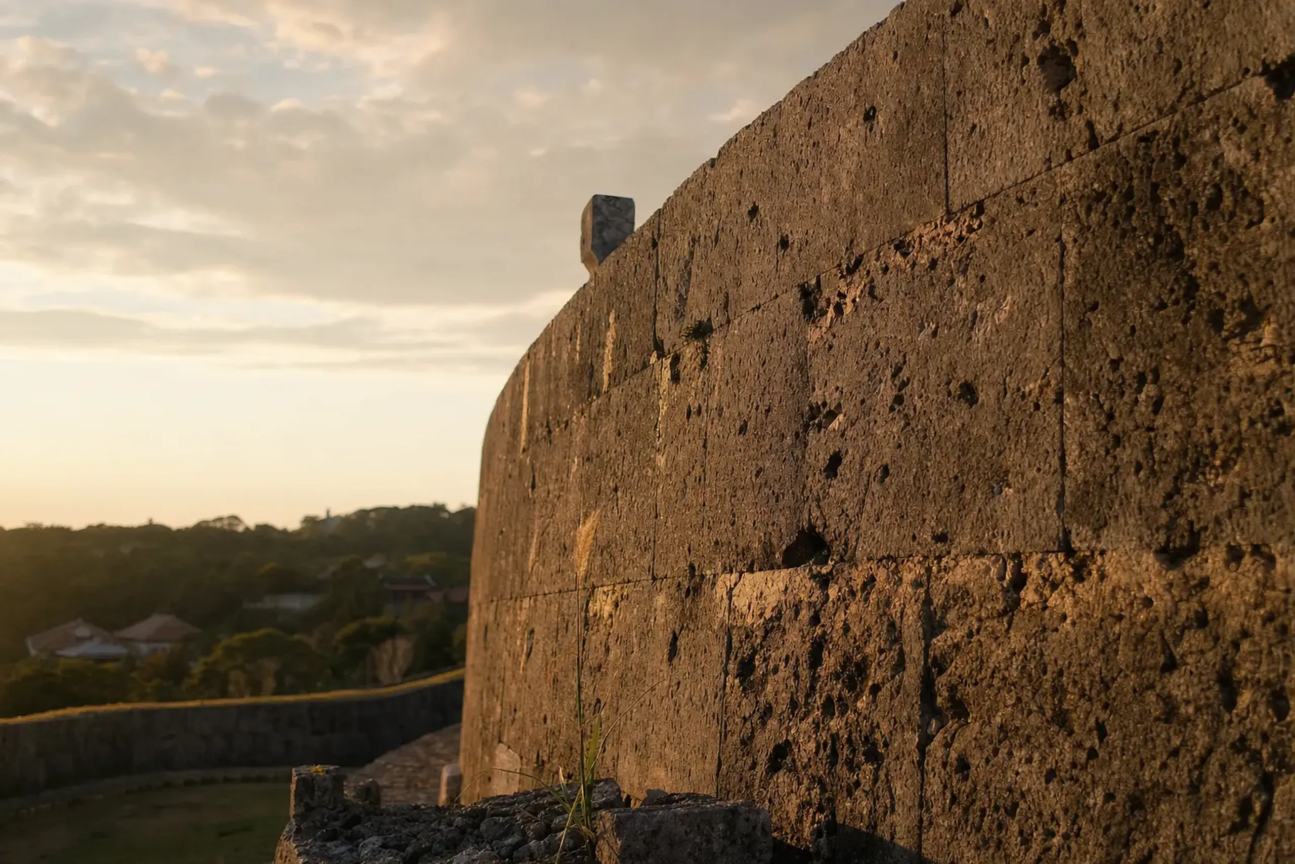 The scarred stone ramparts and curved gusuku walls of Shuri Castle in Okinawa, bearing traces of the 1945 Battle of Okinawa