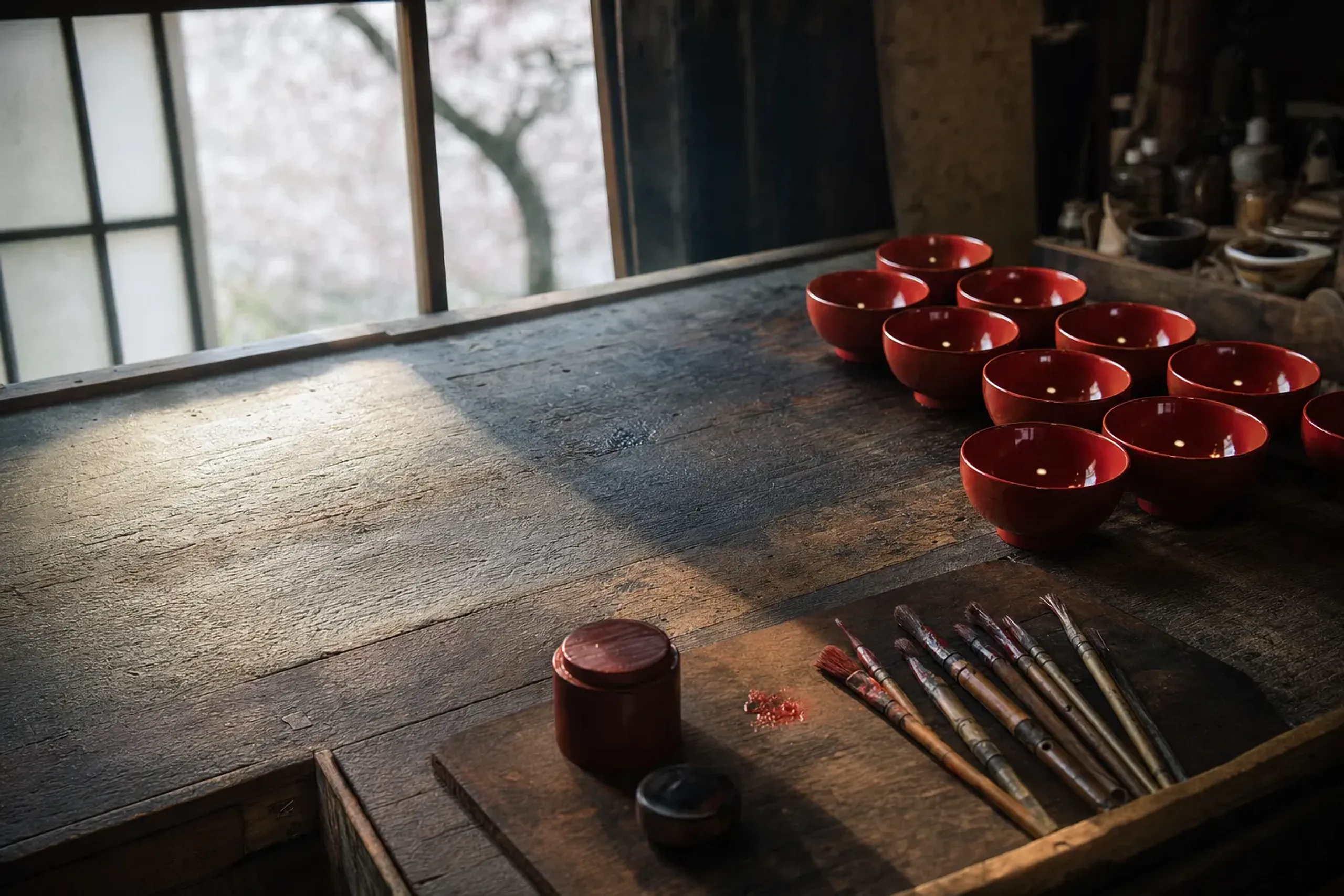 a Ryukyu lacquer artisan's workbench with brushes and vermilion lacquerware objects in a Naha craft workshop