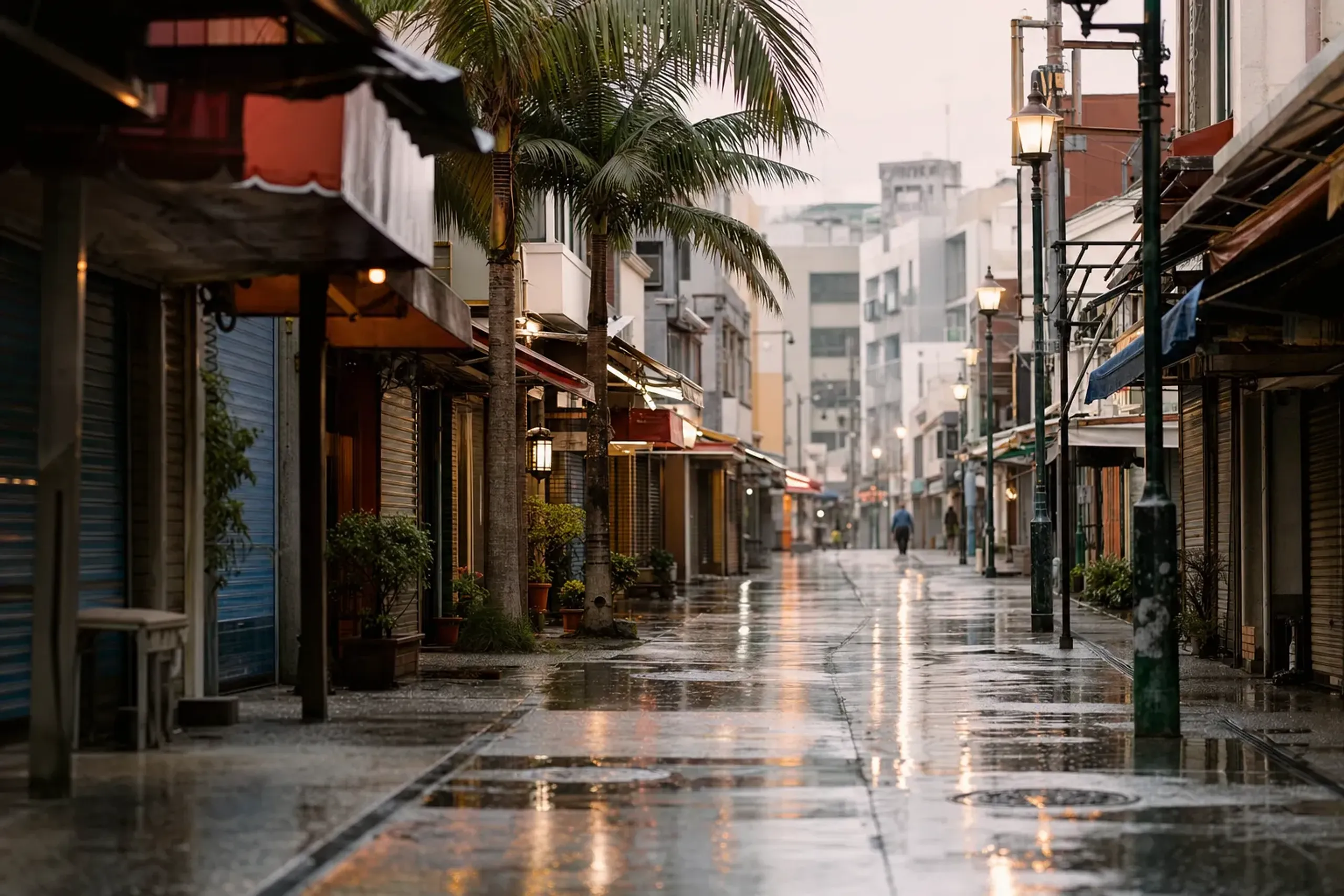 Naha street in Okinawa with wet pavement and soft light, illustrating seasonal travel conditions