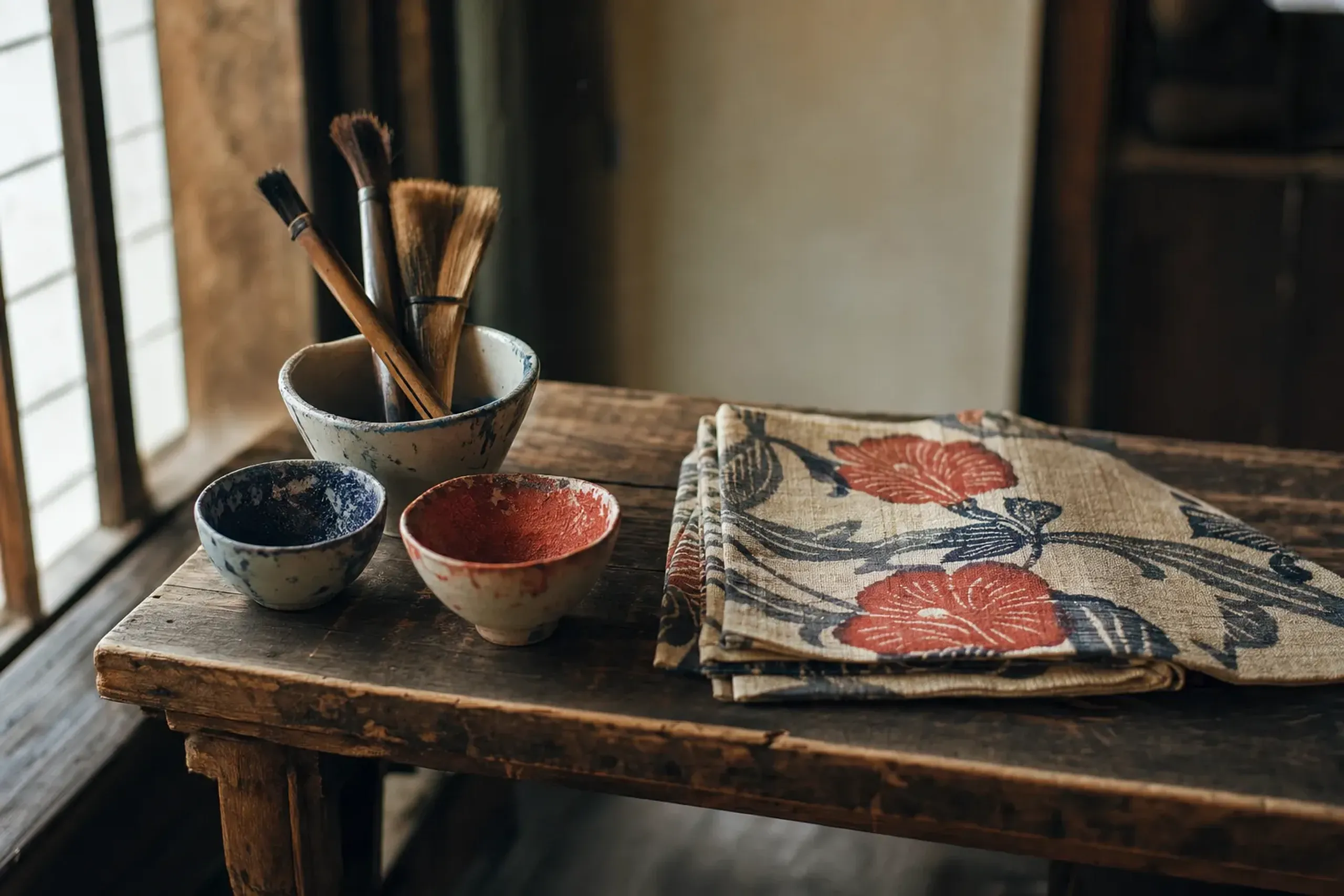 a traditional Okinawan craft workshop with bingata textile-dyeing tools and hand-woven fabrics resting on a wooden bench