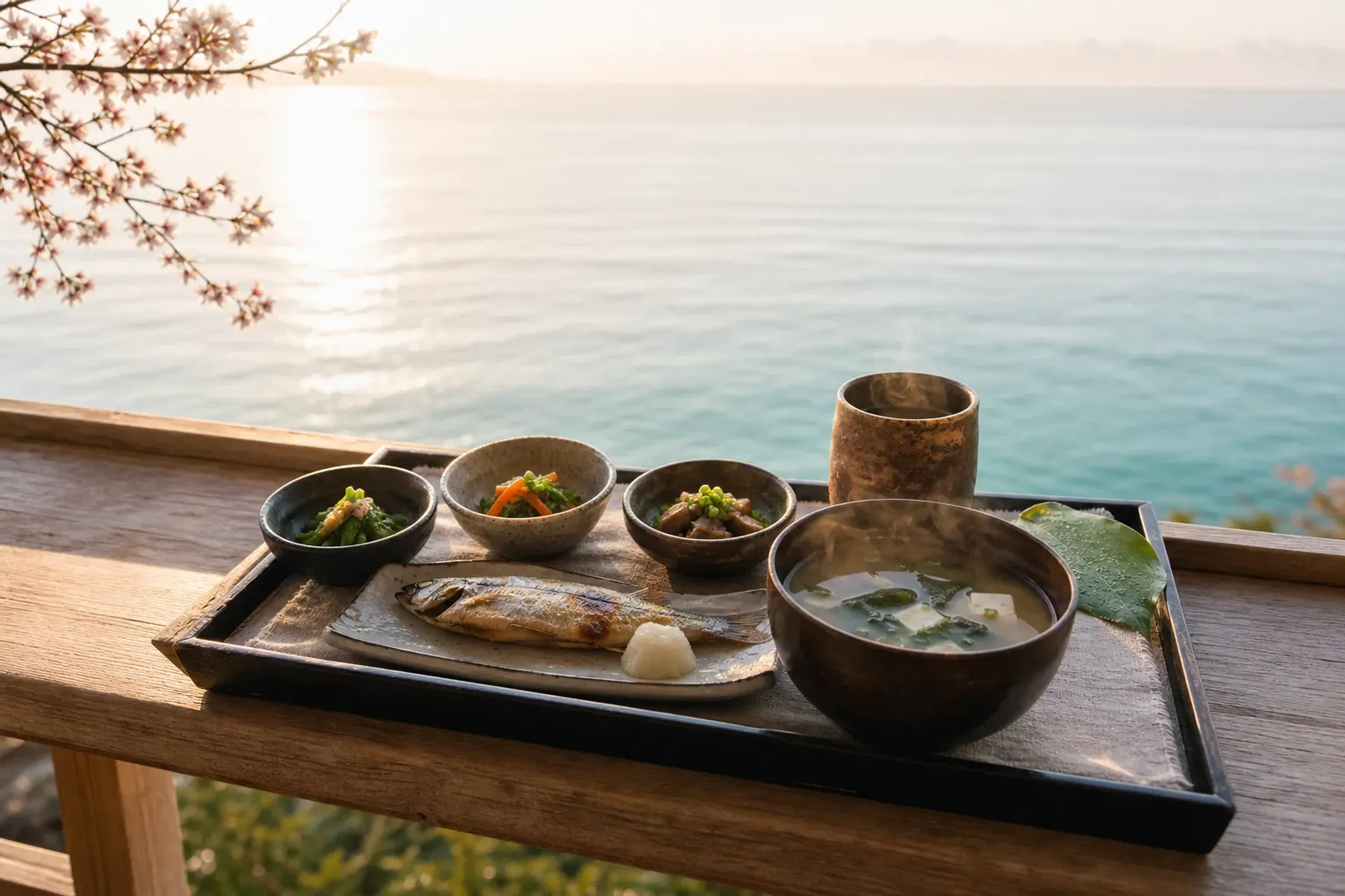 Simple Japanese breakfast on a balcony with an Okinawa ocean view