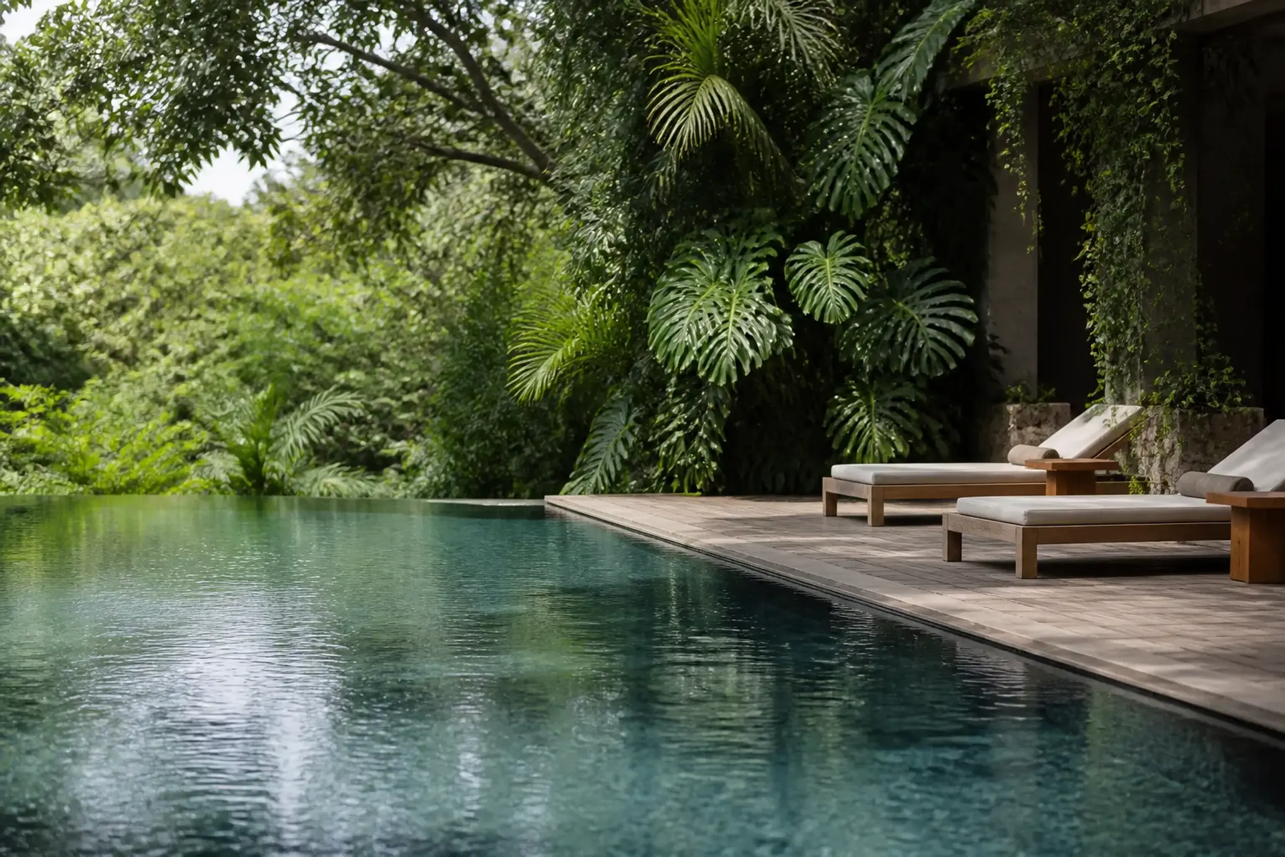 Okinawa resort hydrotherapy pool with subtropical greenery and calm deck seating
