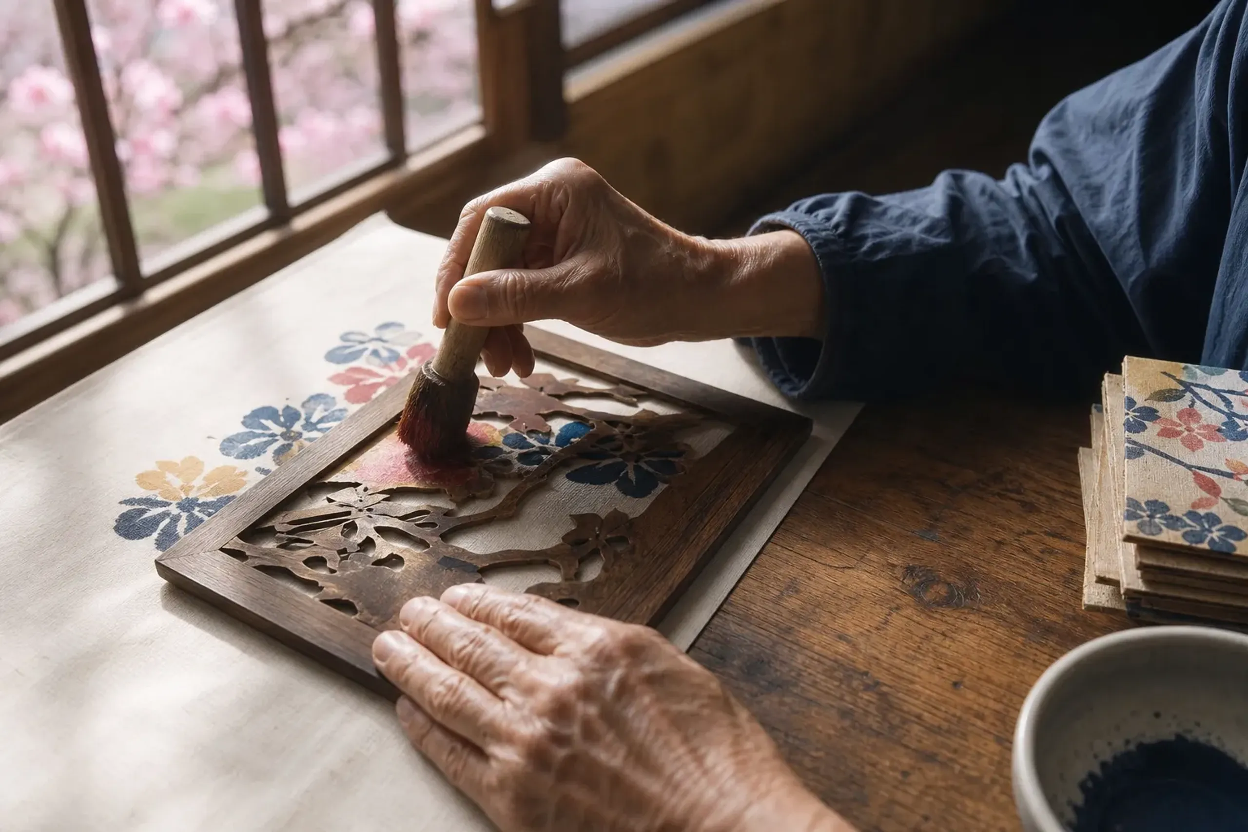 Hands working on a traditional Okinawan dyeing craft in a workshop setting