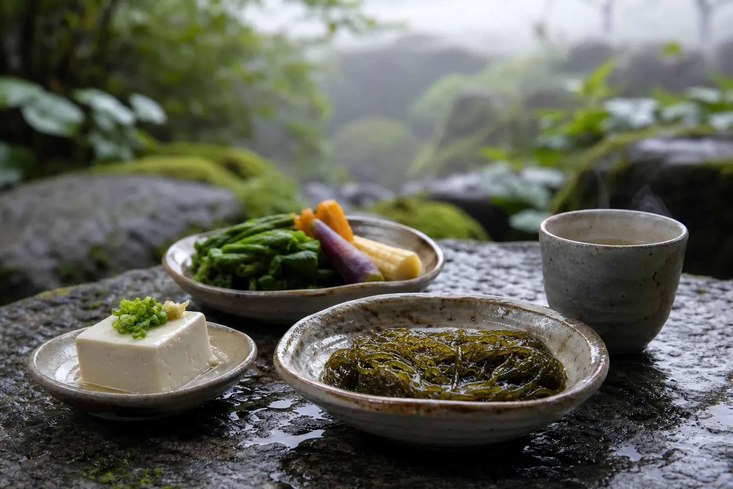 A simple Okinawan plate of fresh local vegetables, chilled tofu dishes, and glossy dark-green seaweed arranged on ceramic dishware, set beside a warm cup of herbal tea on a sunlit stone table