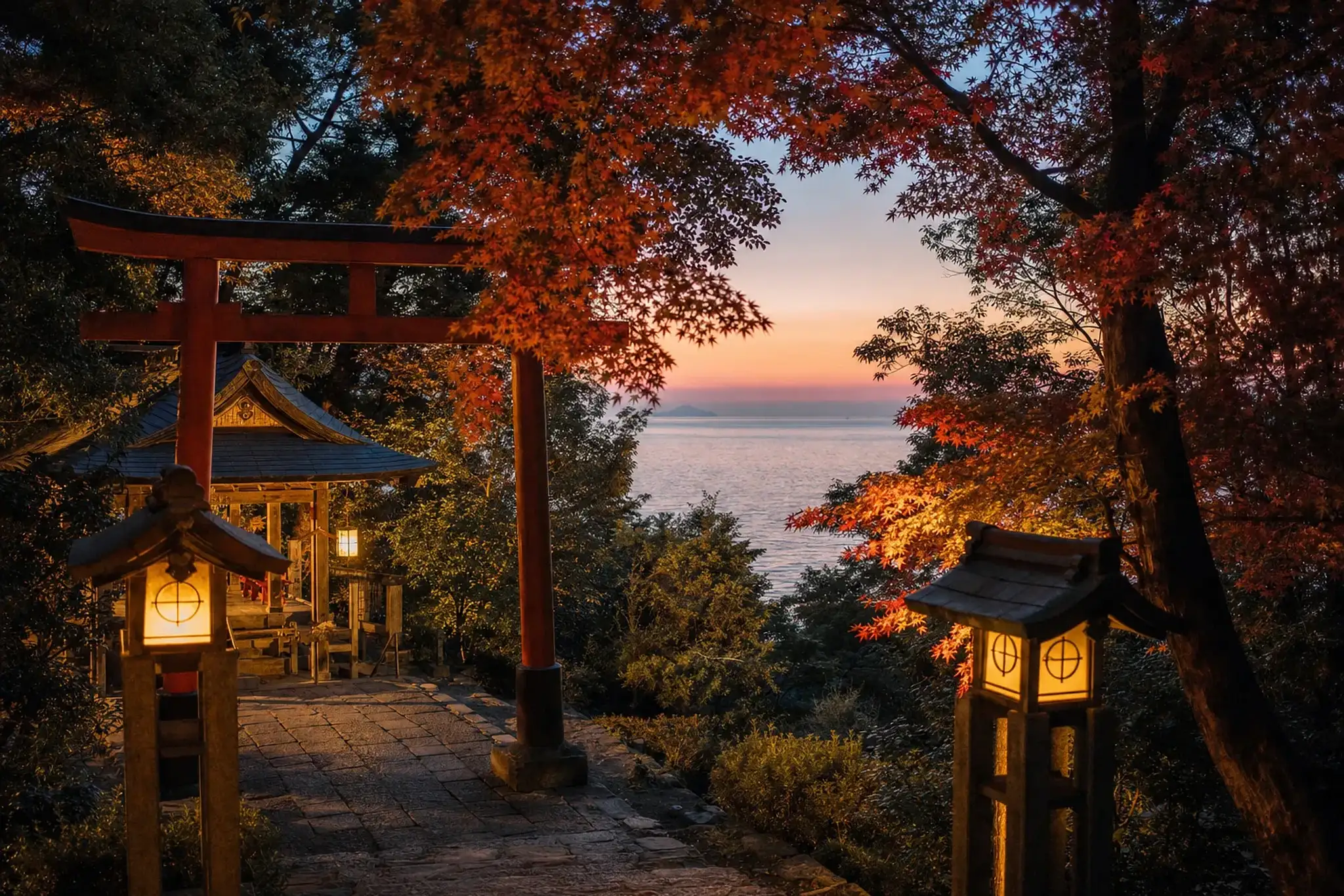 Nakatsu-miya shrine standing amid trees on Ōshima Island overlooking the Genkai Sea