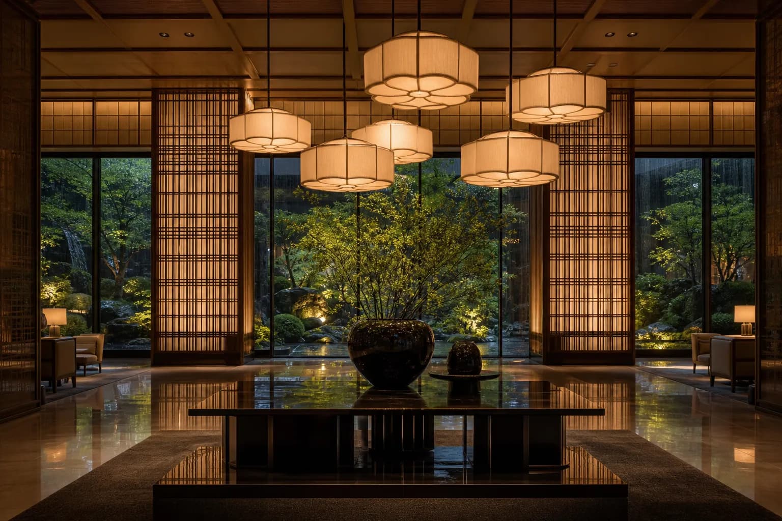 The serene lobby of The Okura Heritage Wing featuring traditional Japanese wood lattice and soft lighting.