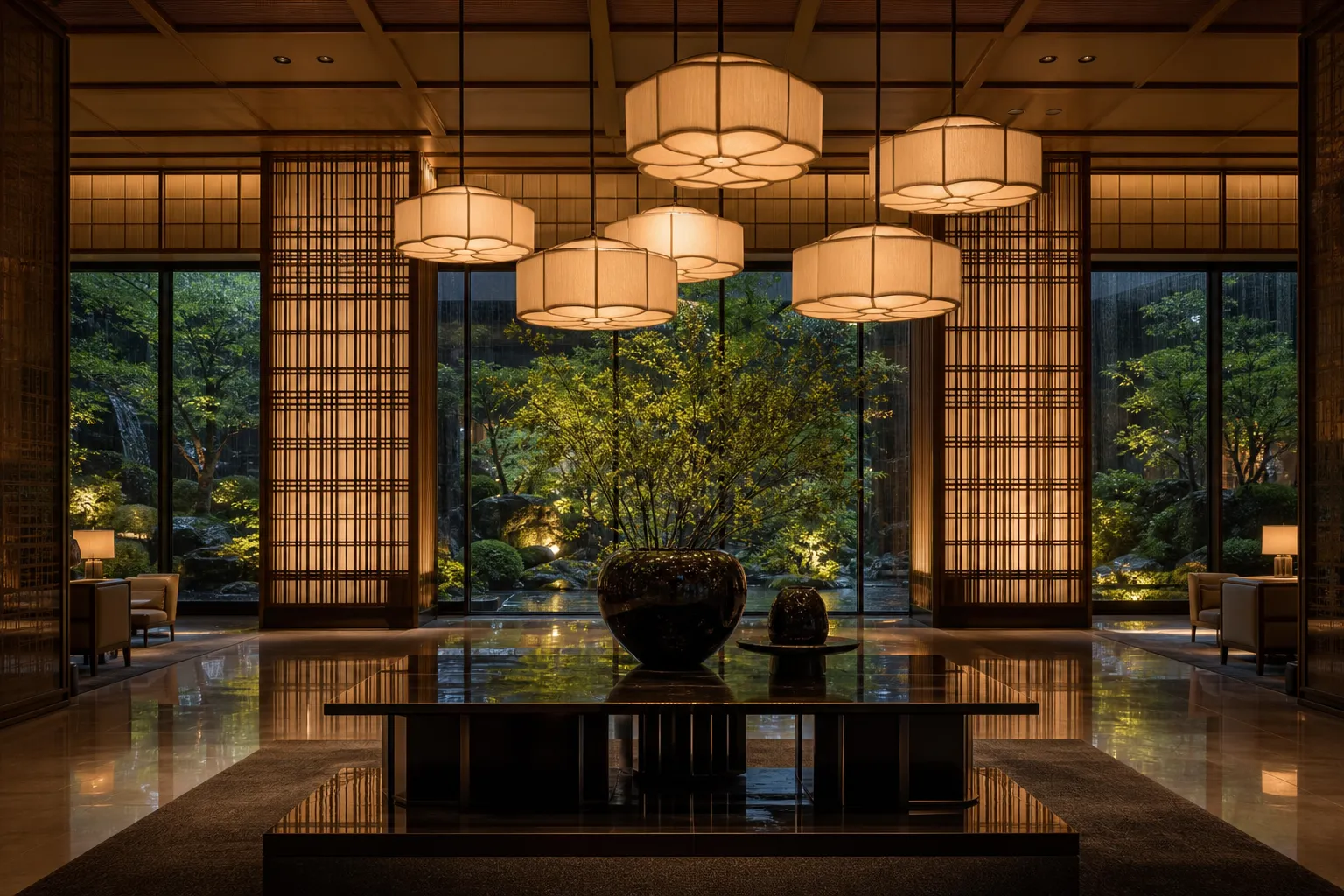 The serene lobby of The Okura Heritage Wing featuring traditional Japanese wood lattice and soft lighting.