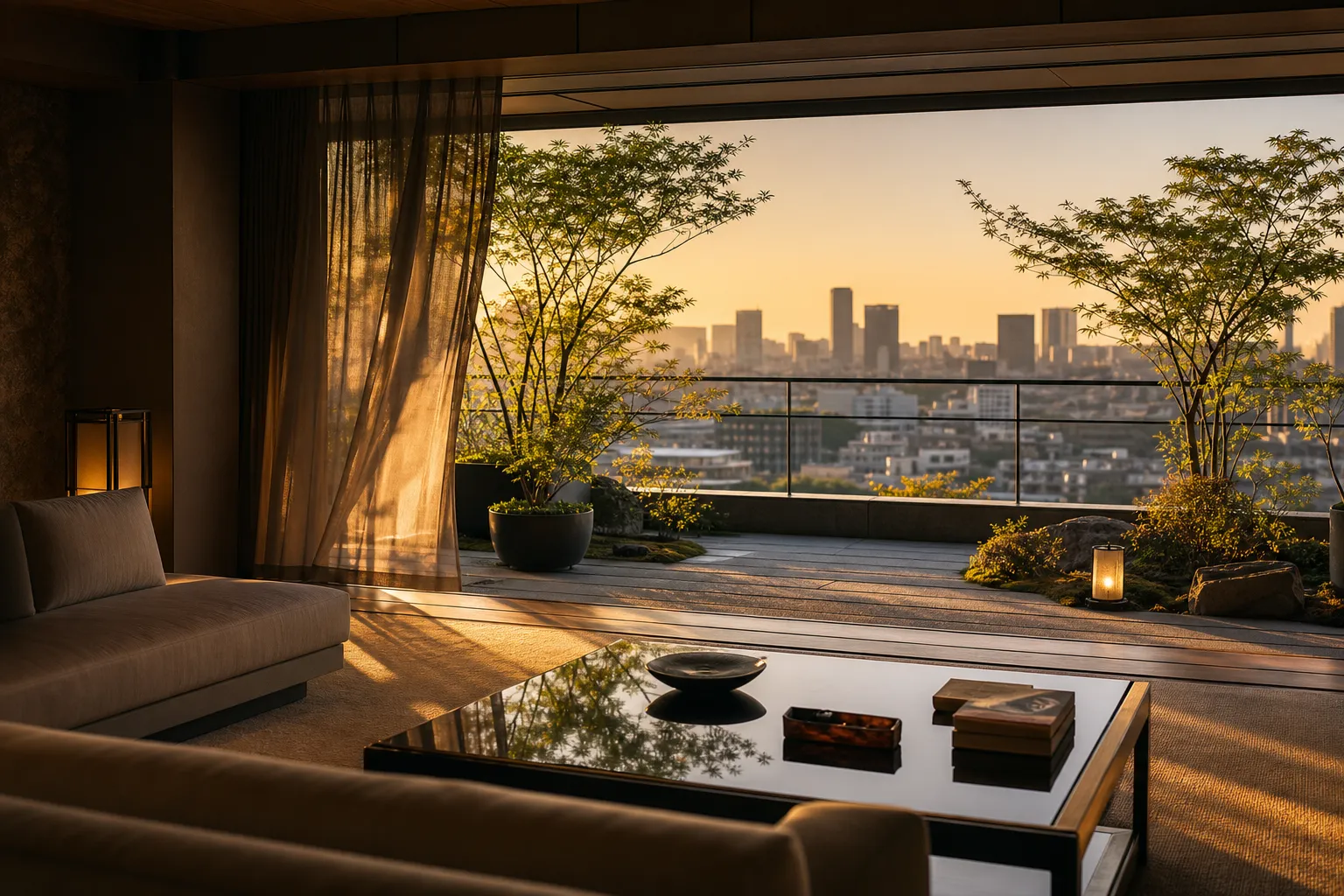 The spacious living room of the Okura Presidential Suite opens out onto a private garden balcony.