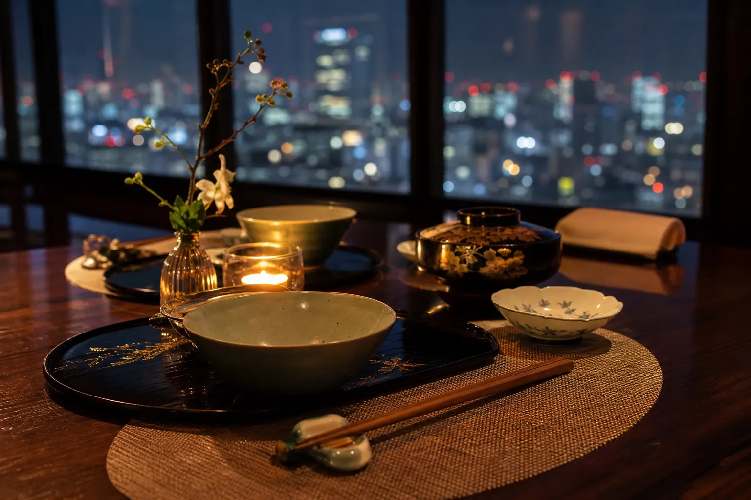 An elegant dining table set for dinner within the Presidential Suite, featuring Japanese tableware.