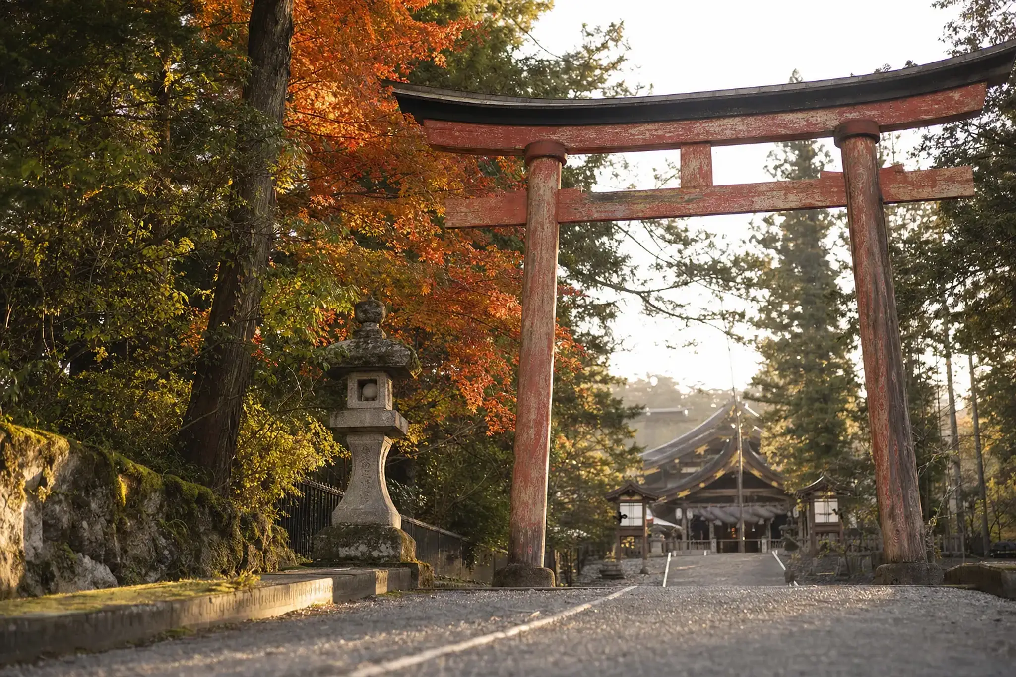 The main torii gate and grounds of Suwa Shrine in Omagari, Daisen, Akita, birthplace of the 1910 fireworks exhibition