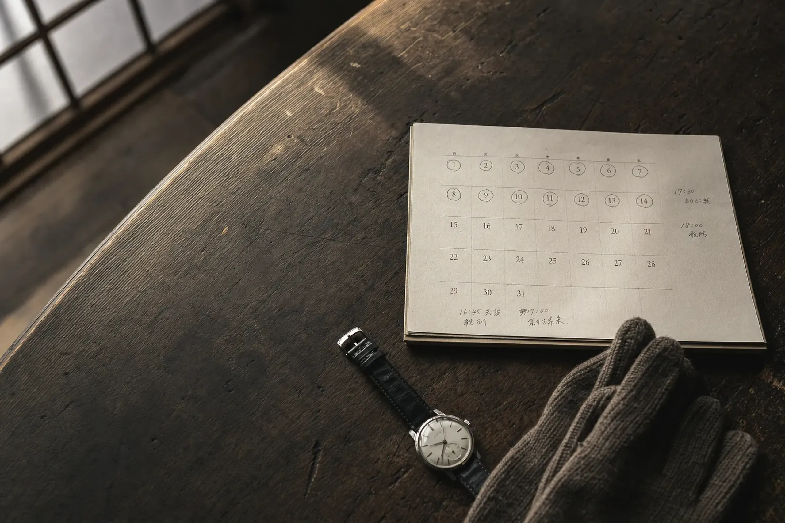 Calendar marked March 1 to March 14 for Shuni-e planning, with gloves and a watch