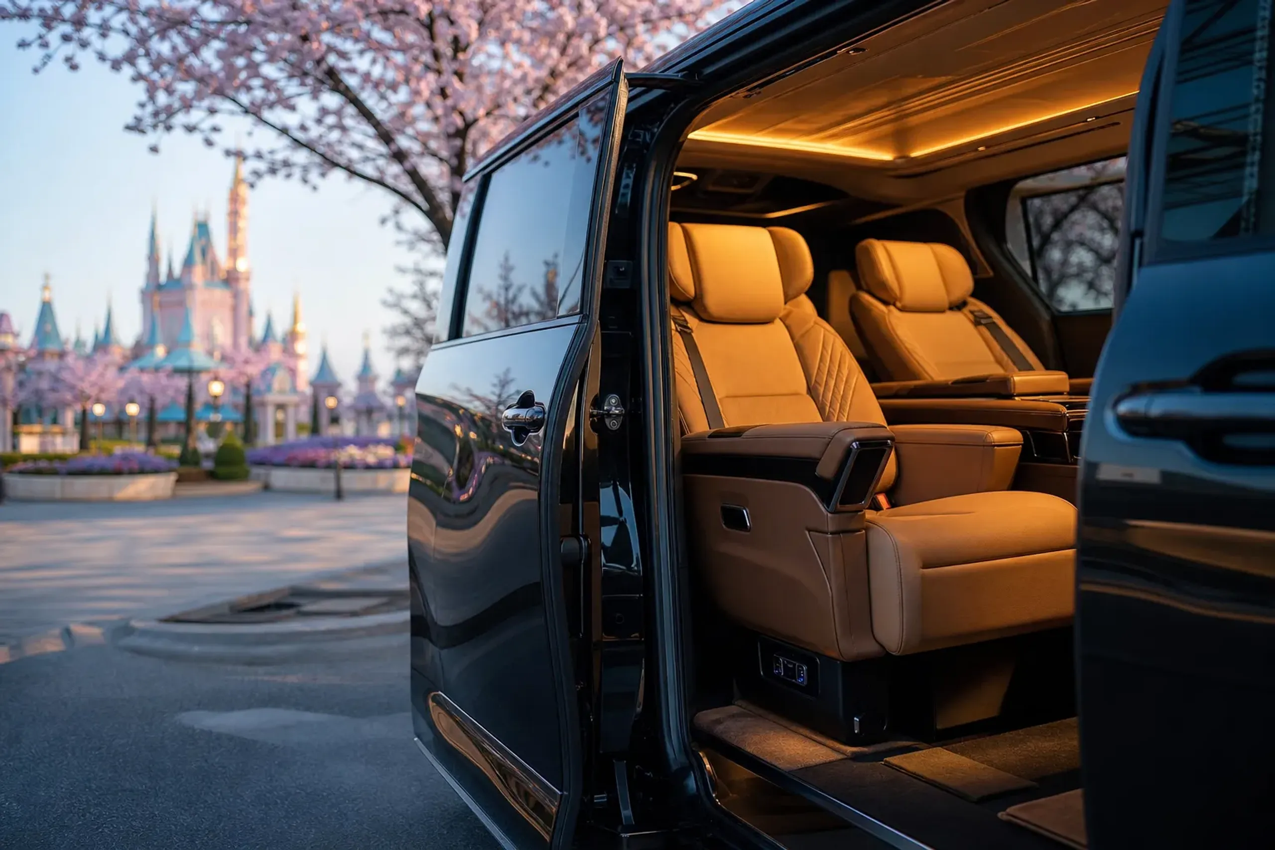 Rear cabin of a Lexus LM 500 with leather seating and soft lighting, emphasizing private chauffeured comfort
