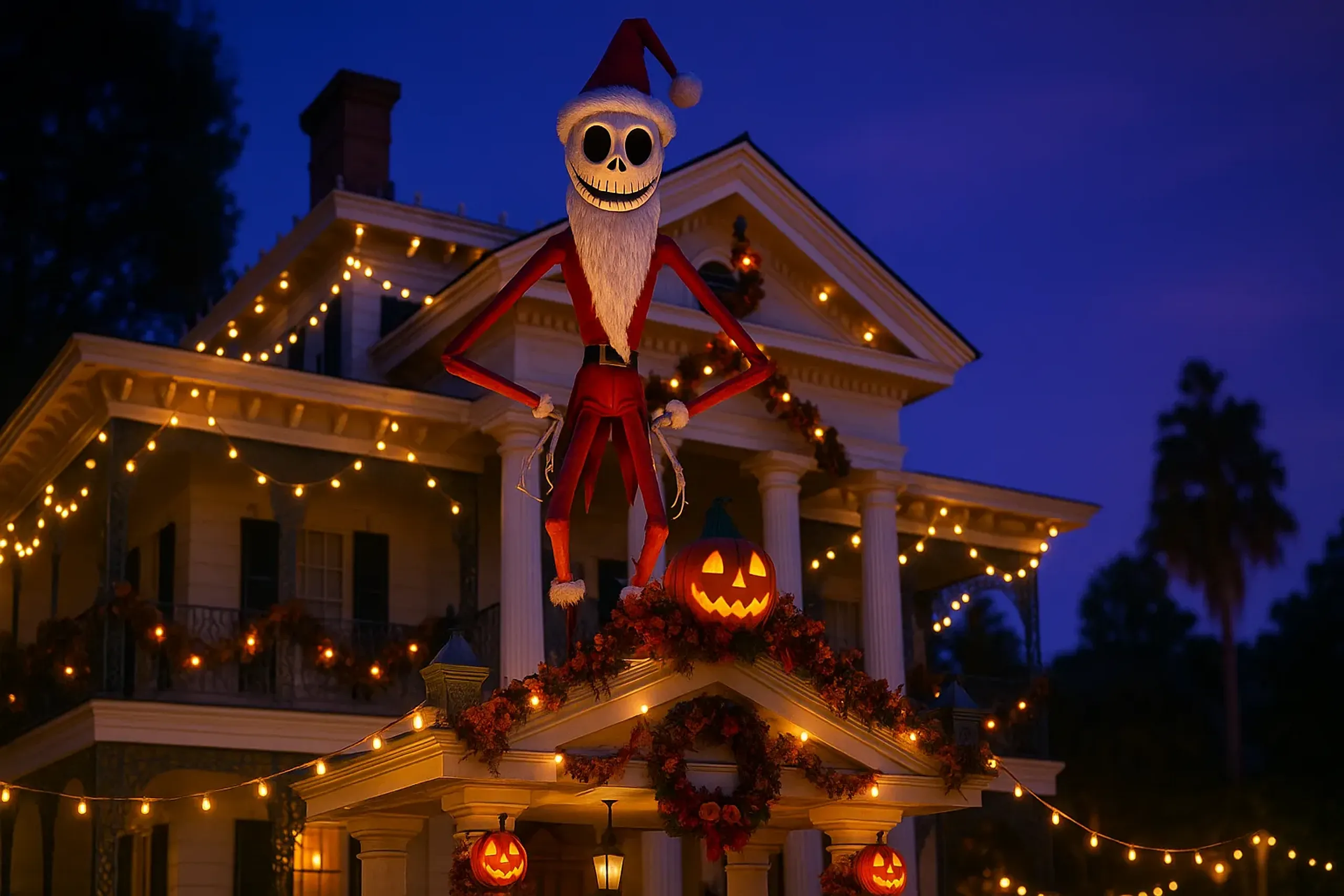The Haunted Mansion 'Holiday Nightmare' facade at Tokyo Disneyland decorated with Jack Skellington's Sandy Claws overlay, glowing string lights and autumn wreaths against the antebellum mansion exteri