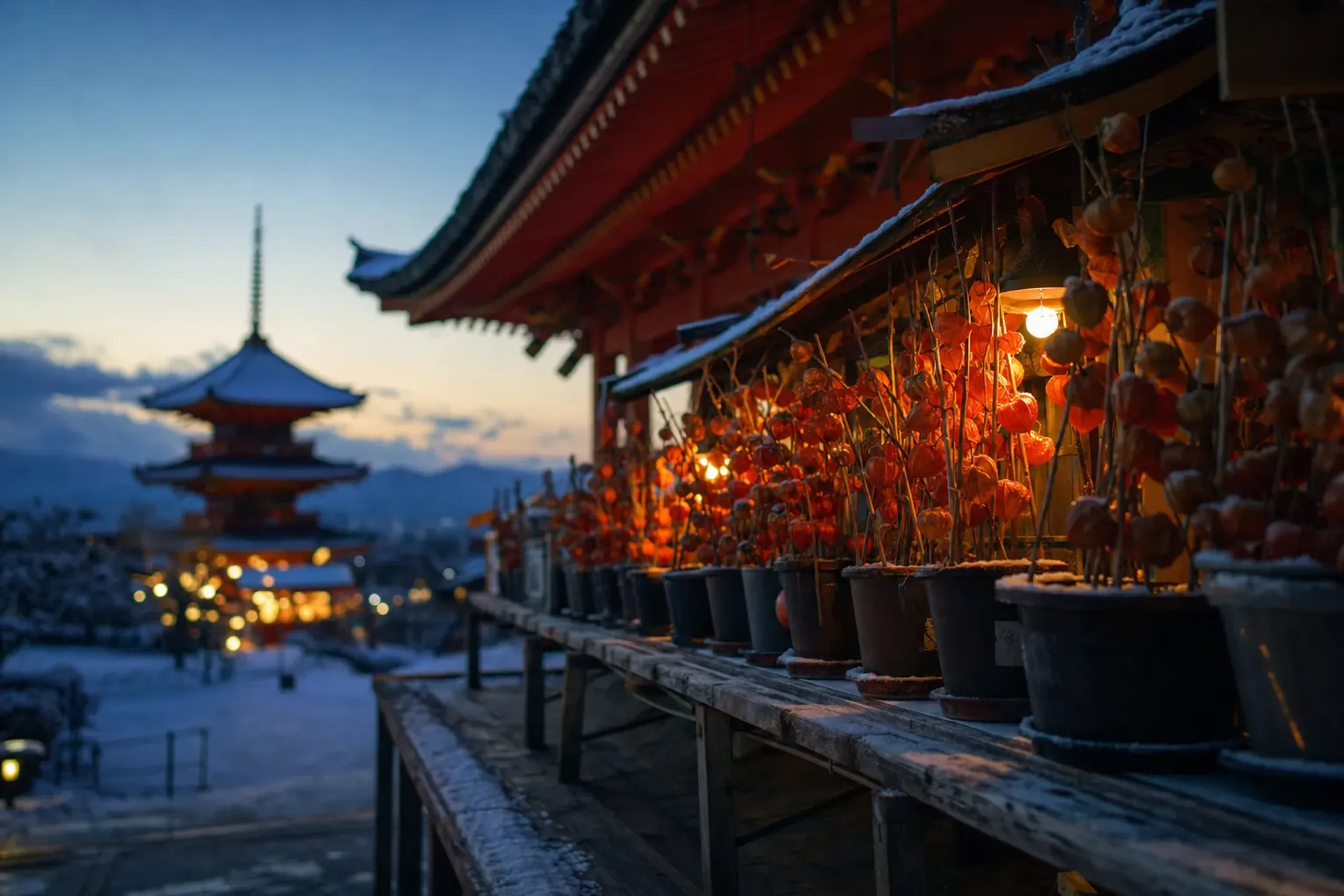 Potted red ground-cherry hozuki plants on stalls at Sensō-ji Hōzuki-ichi market at dusk