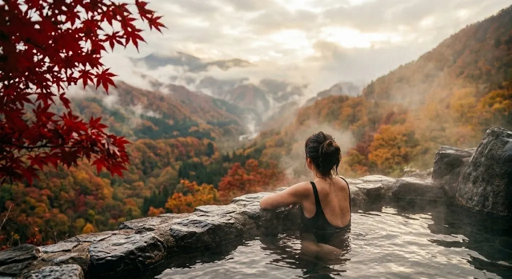 A peaceful outdoor Japanese hot spring bath built with natural rocks, featuring a person soaking while looking out at misty mountains covered in colorful autumn forest foliage.