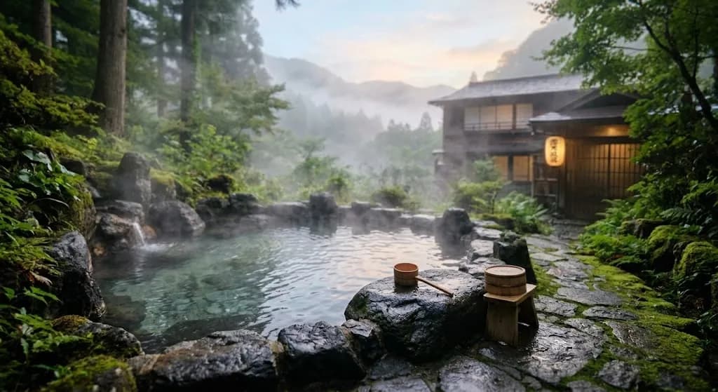A tranquil outdoor Japanese hot spring bath built with natural rocks, featuring rising steam, lush moss, a wooden ryokan building, and a glowing warm lantern at dawn.