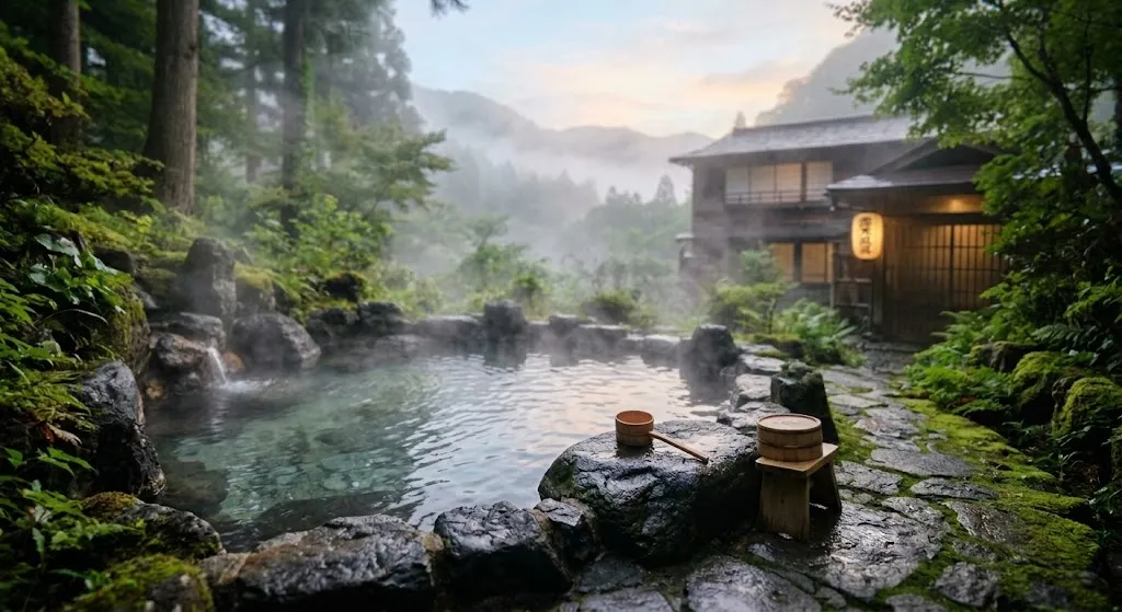 A tranquil outdoor Japanese hot spring bath built with natural rocks, featuring rising steam, lush moss, a wooden ryokan building, and a glowing warm lantern at dawn.