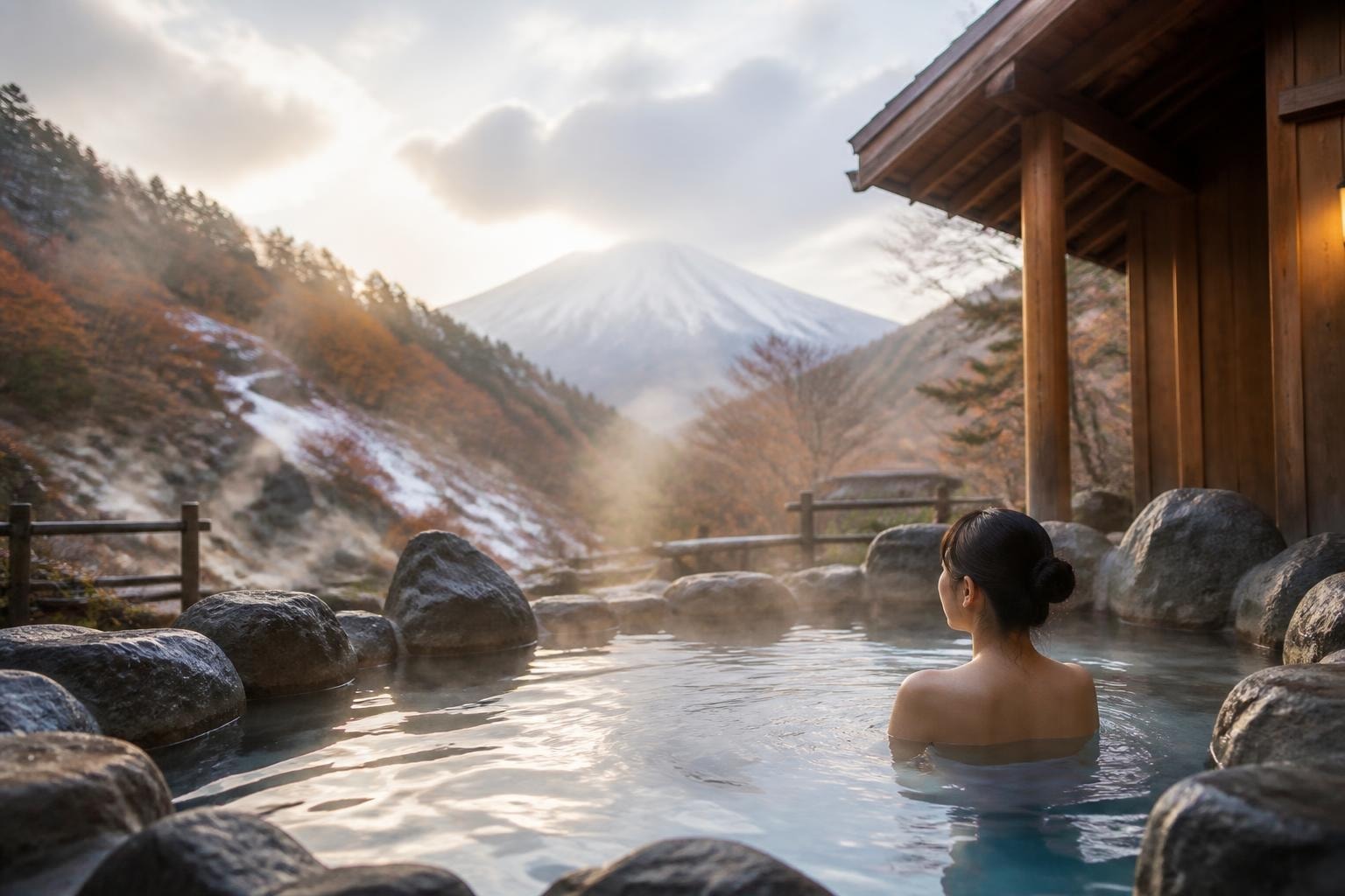 Person soaking in a stone-bordered outdoor hot spring, steam rising with a wooden building nearby and a snow-capped mountain in the distance.