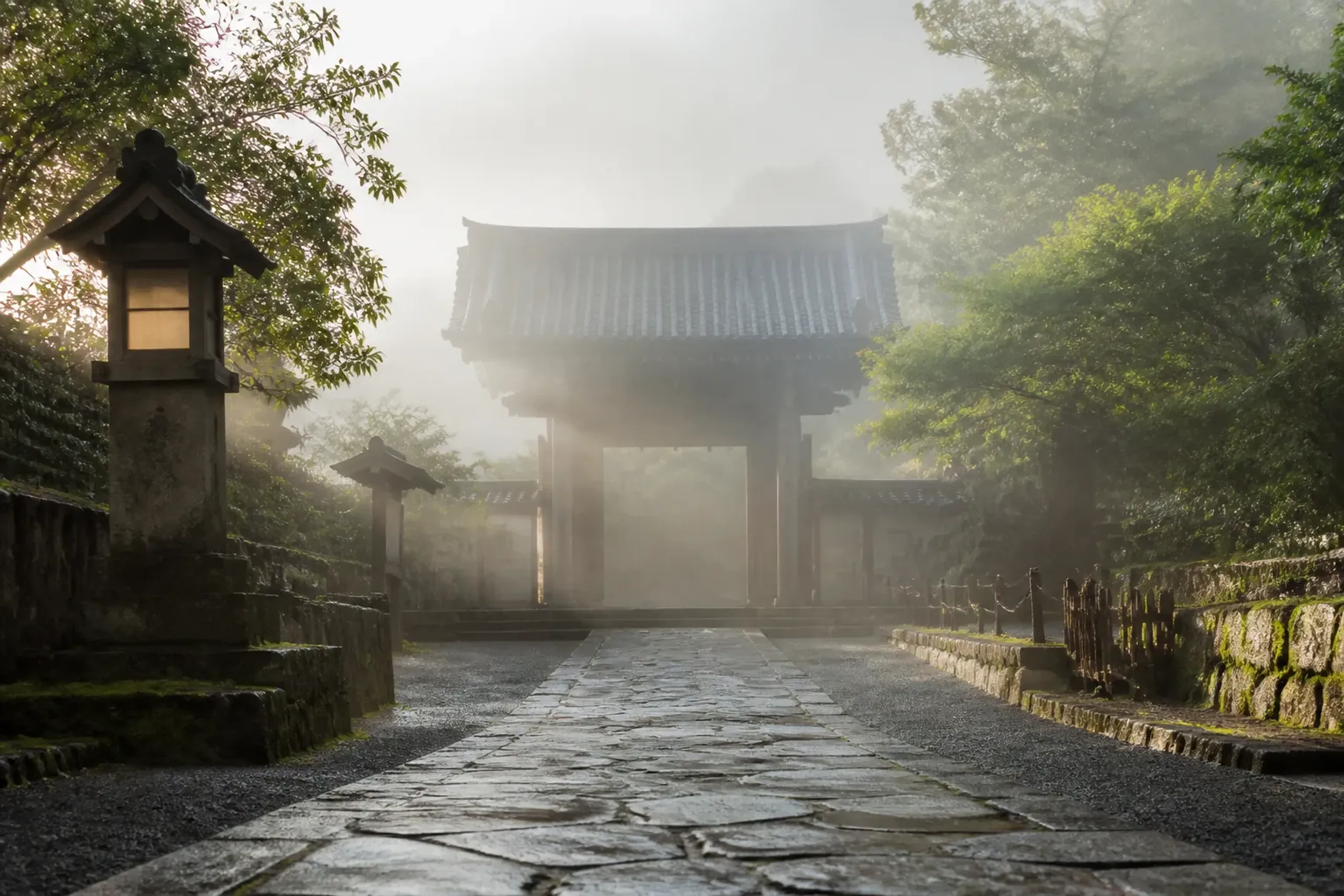 Quiet Kyoto temple approach at dawn before the day-trip crowds arrive