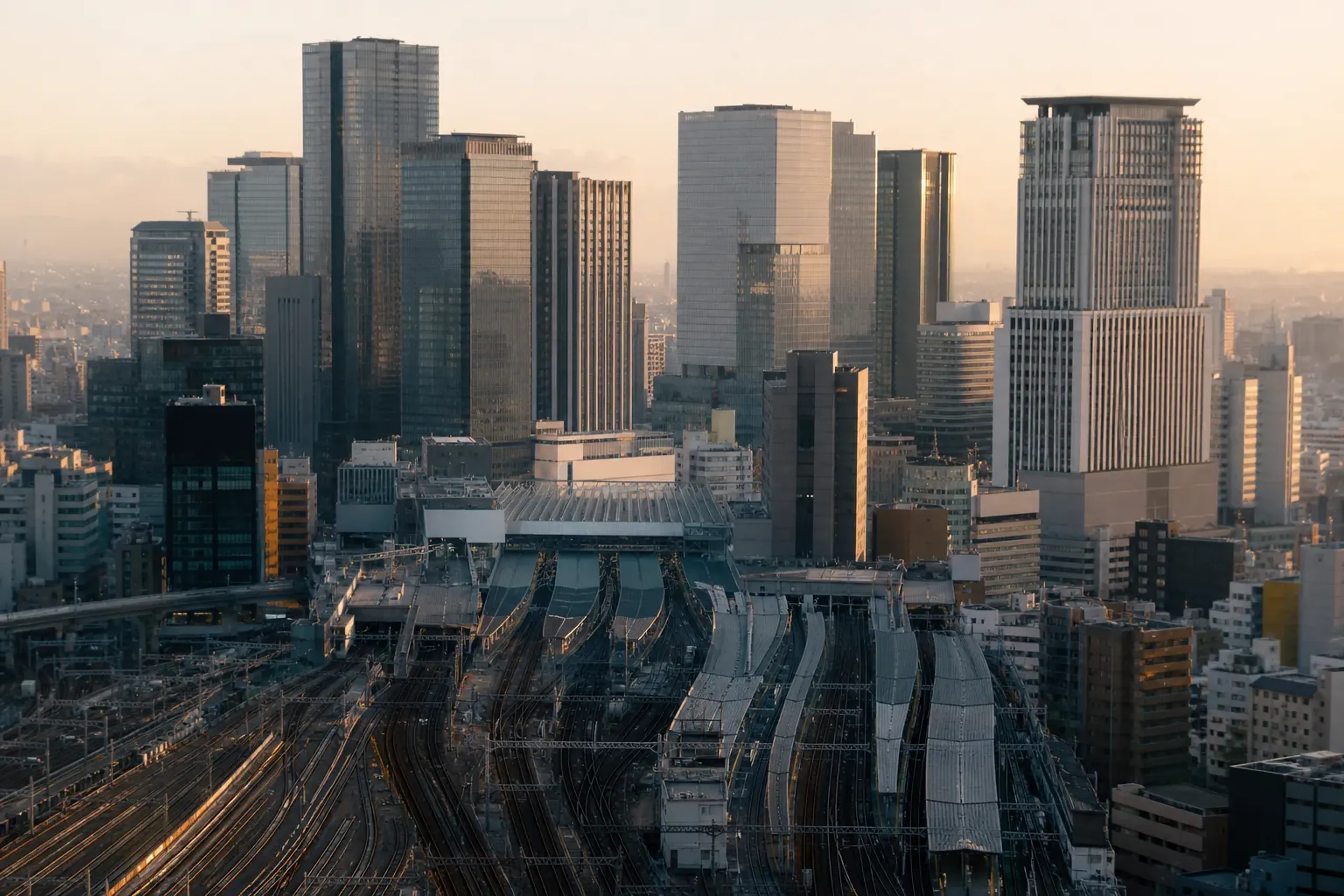 Osaka's Umeda district showing dense rail connections near the luxury hotel cluster