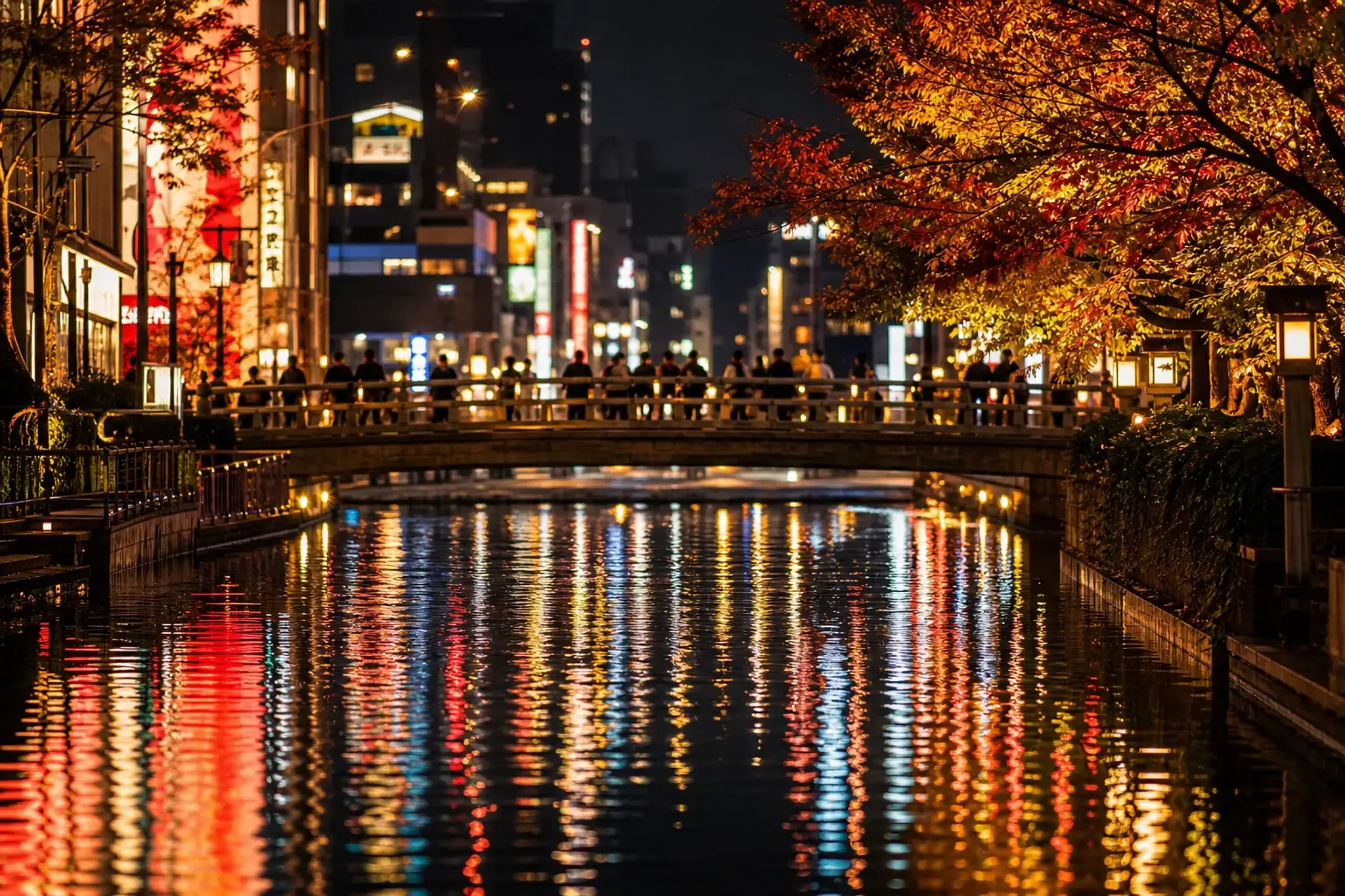 The neon-lit Dotonbori canal in Osaka at night, with the glowing signs reflecting on the water and the Ebisu Bridge crossing overhead