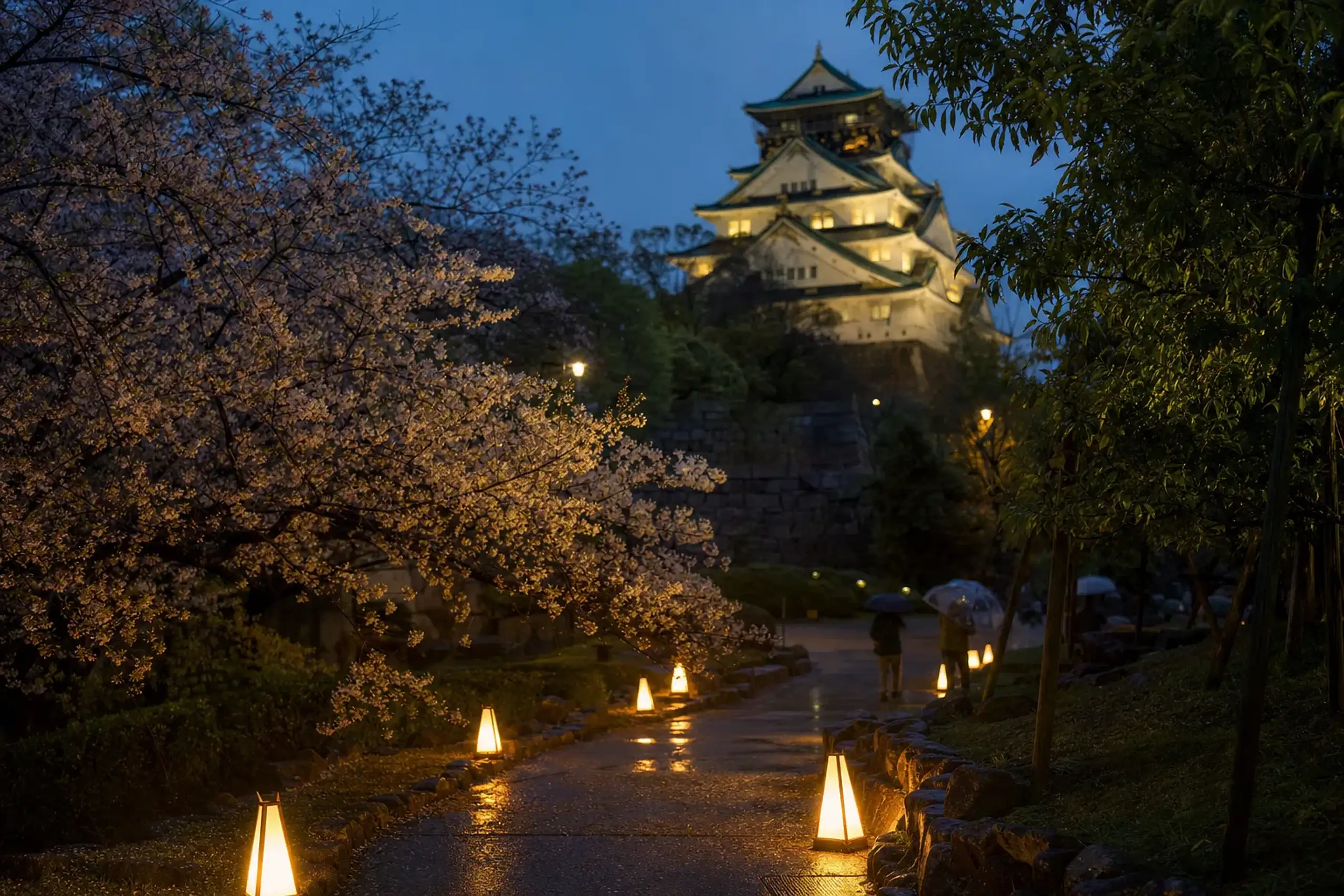 Lantern-lit cherry blossoms at Nishinomaru Garden during the Kangyo Nighter with Osaka Castle keep behind