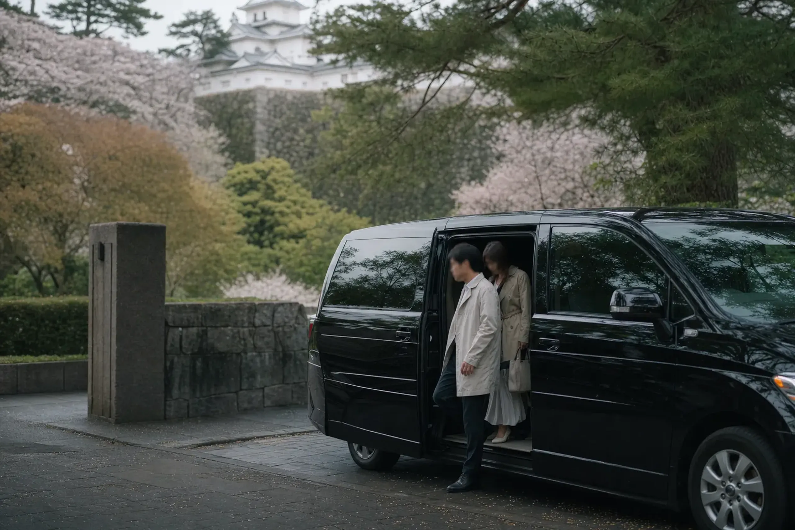 Private vehicle drop-off near Osaka Castle Park entrance during cherry blossom season