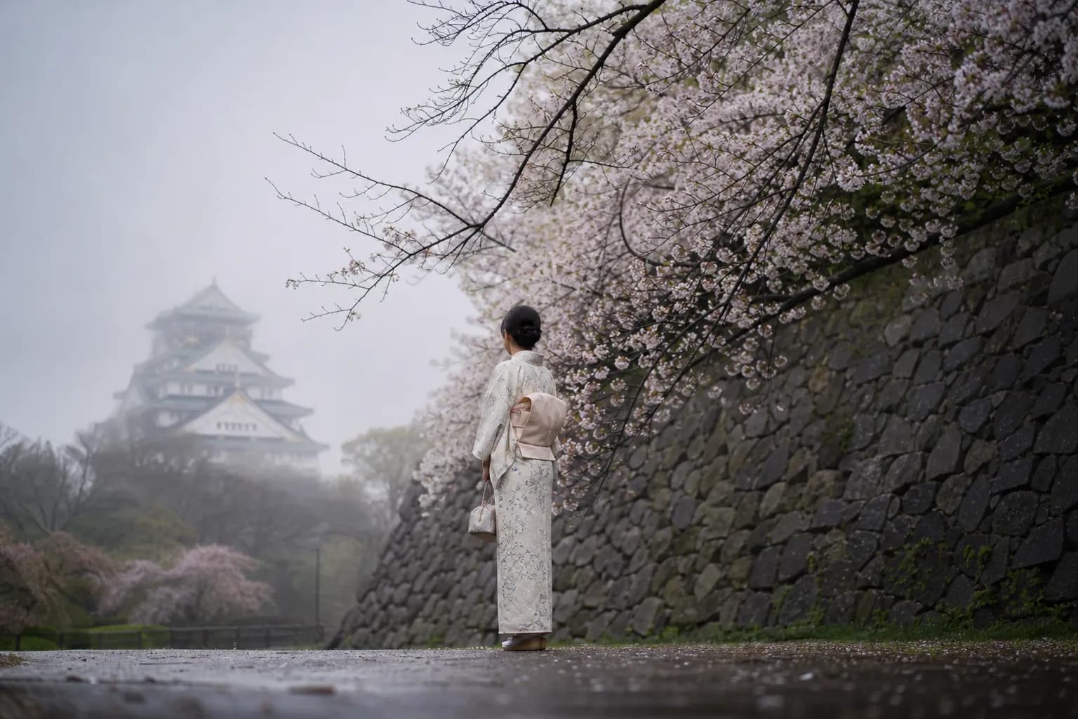 Guest in a kimono photographed beneath cherry blossoms near Osaka Castle stone walls in soft light