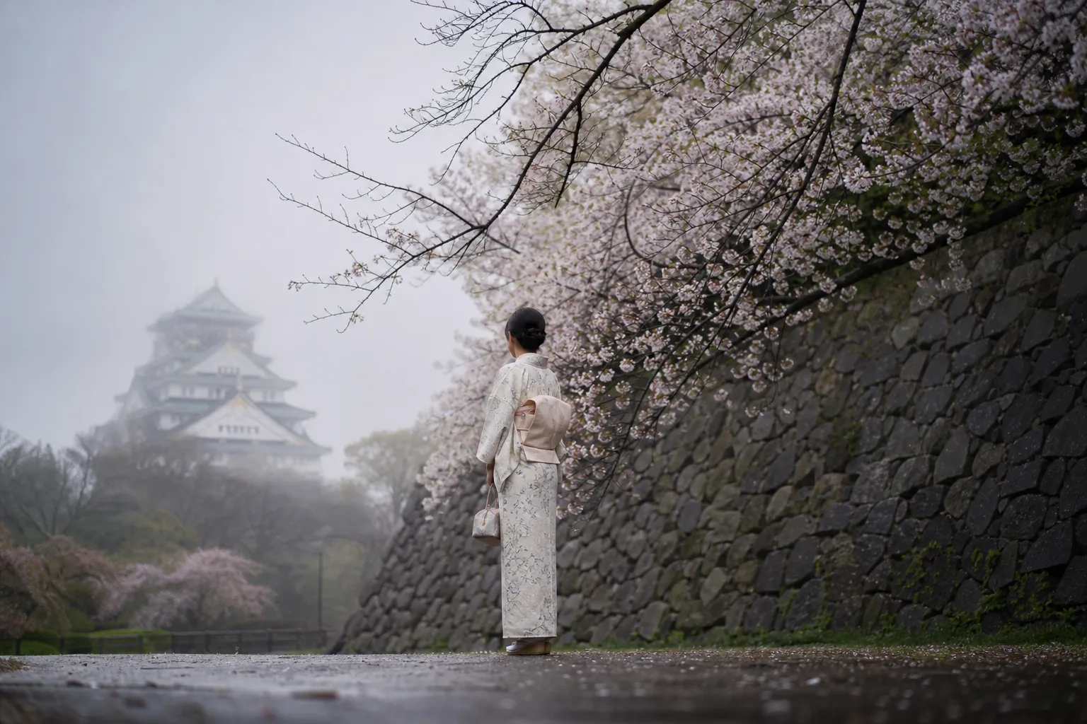 Guest in a kimono photographed beneath cherry blossoms near Osaka Castle stone walls in soft light