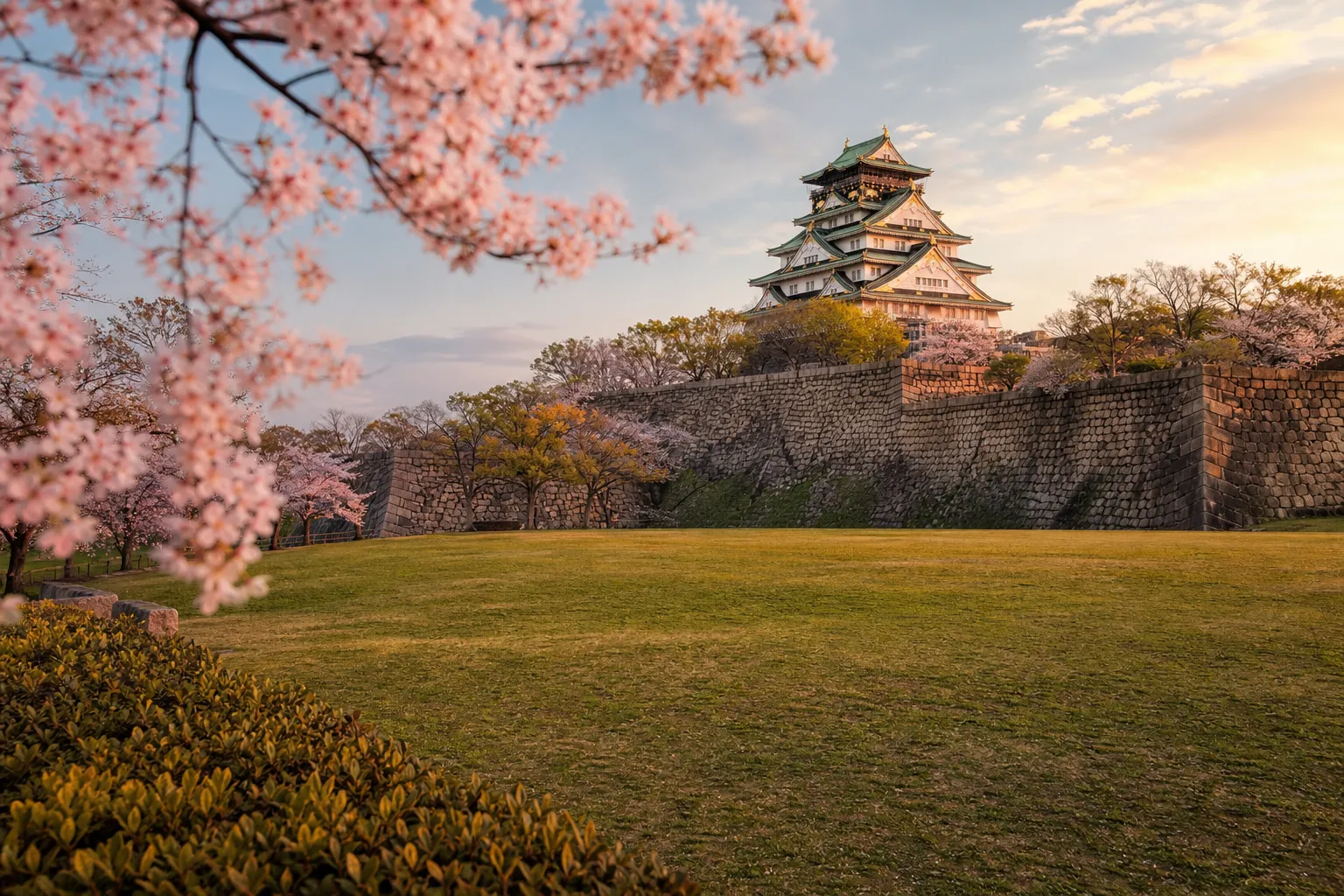 Osaka Castle keep viewed across the lawn of Nishinomaru Garden with cherry blossoms in the foreground