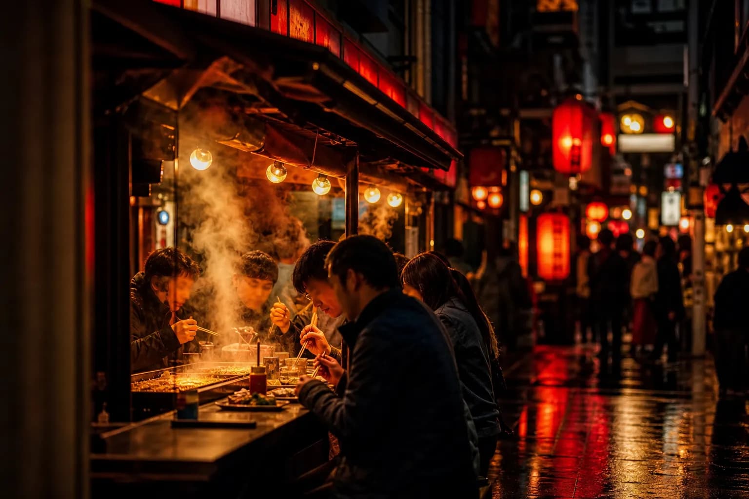 A neon-lit Osaka street at night crowded with diners and street-food stalls