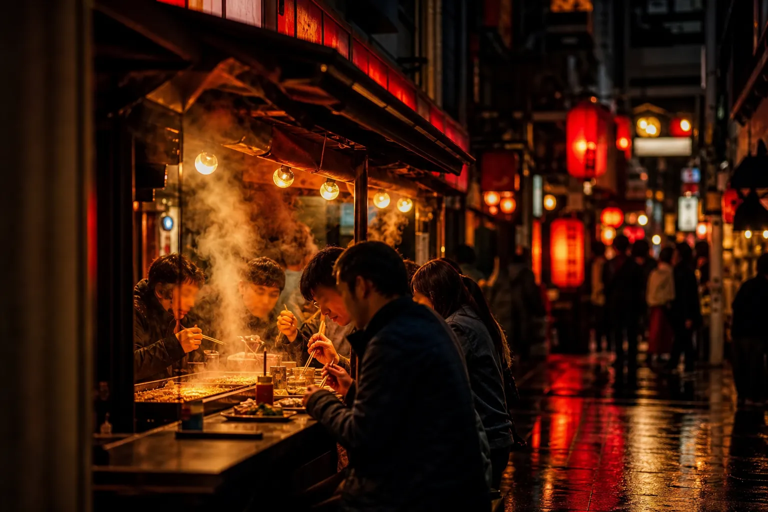 A neon-lit Osaka street at night crowded with diners and street-food stalls