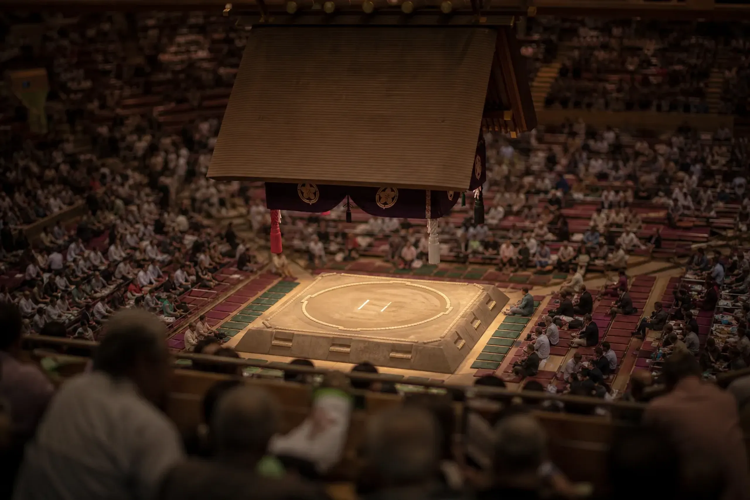 Packed interior of EDION Arena Osaka during the March sumo tournament with the raised clay ring at centre