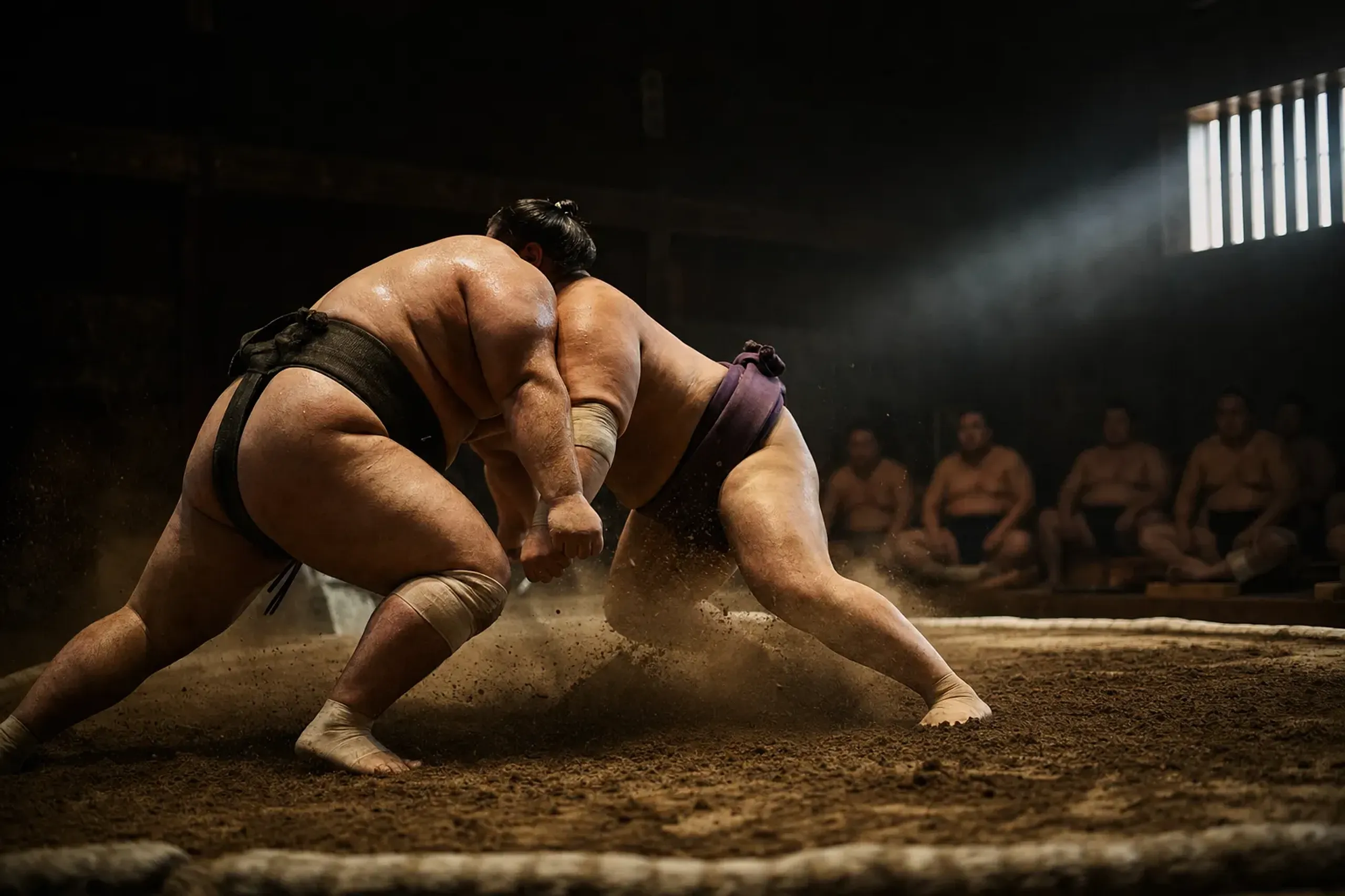 An early-morning sumo stable practice (keiko) session, with wrestlers charging across a training dohyō in a dim wooden practice hall