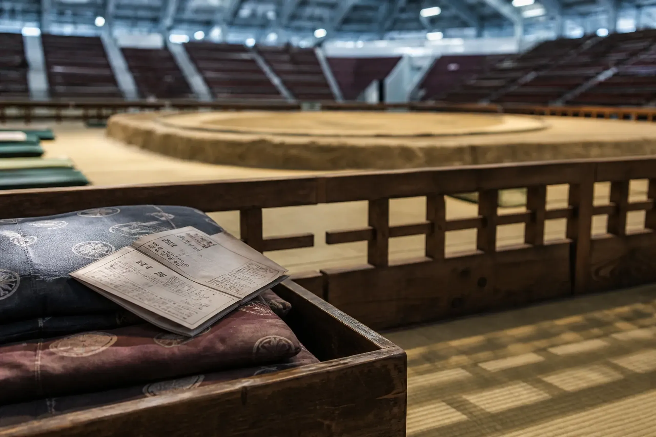 A traditional teahouse (chaya) reserved-seat ticket booklet and cushions laid out on the boxed floor seating (masu) sections beside the ring