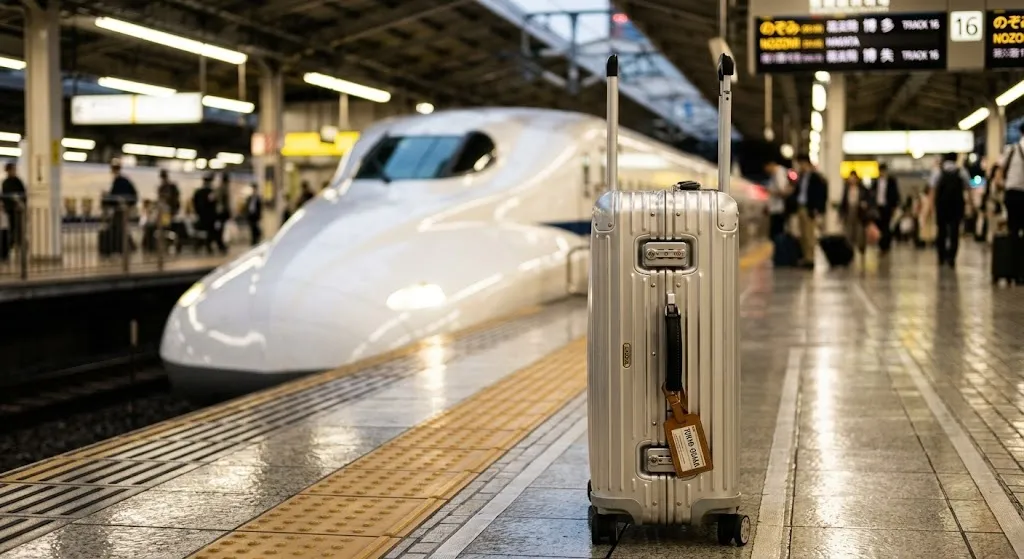 A close-up shot of high-end, silver aluminum suitcases standing on a modern, polished train platform, reflecting the bright overhead lights of a contemporary Japanese transit station.