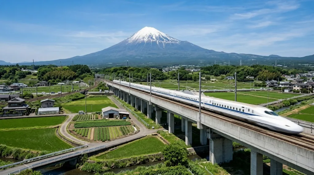 A sleek white Shinkansen bullet train speeds across a green landscape with the massive, snow-capped Mount Fuji rising into a clear blue sky in the background.