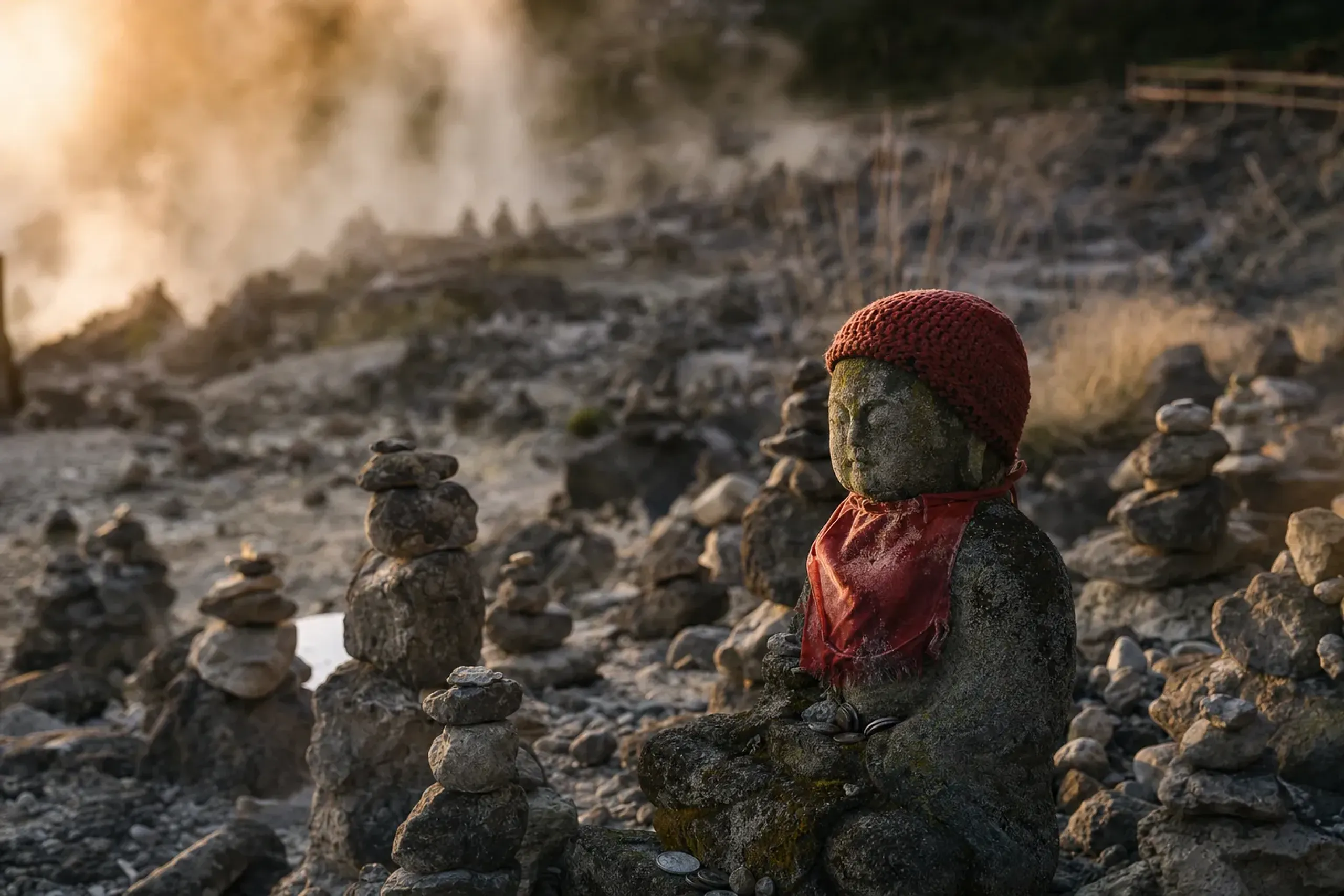 A weathered stone Jizo statue draped in faded red cloth standing among cairns at Osorezan's Sai-no-Kawara during the July summer festival